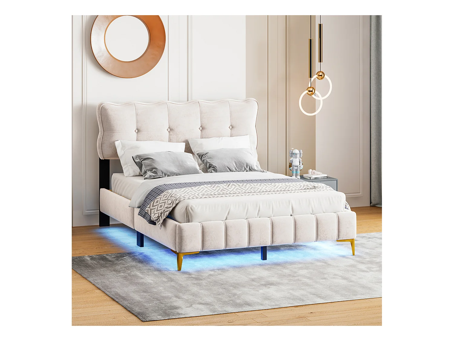 Lit rembourré 140x200 cm pour jeunes, LED intégrées, tête rembourrée, sommier métal, velours beige