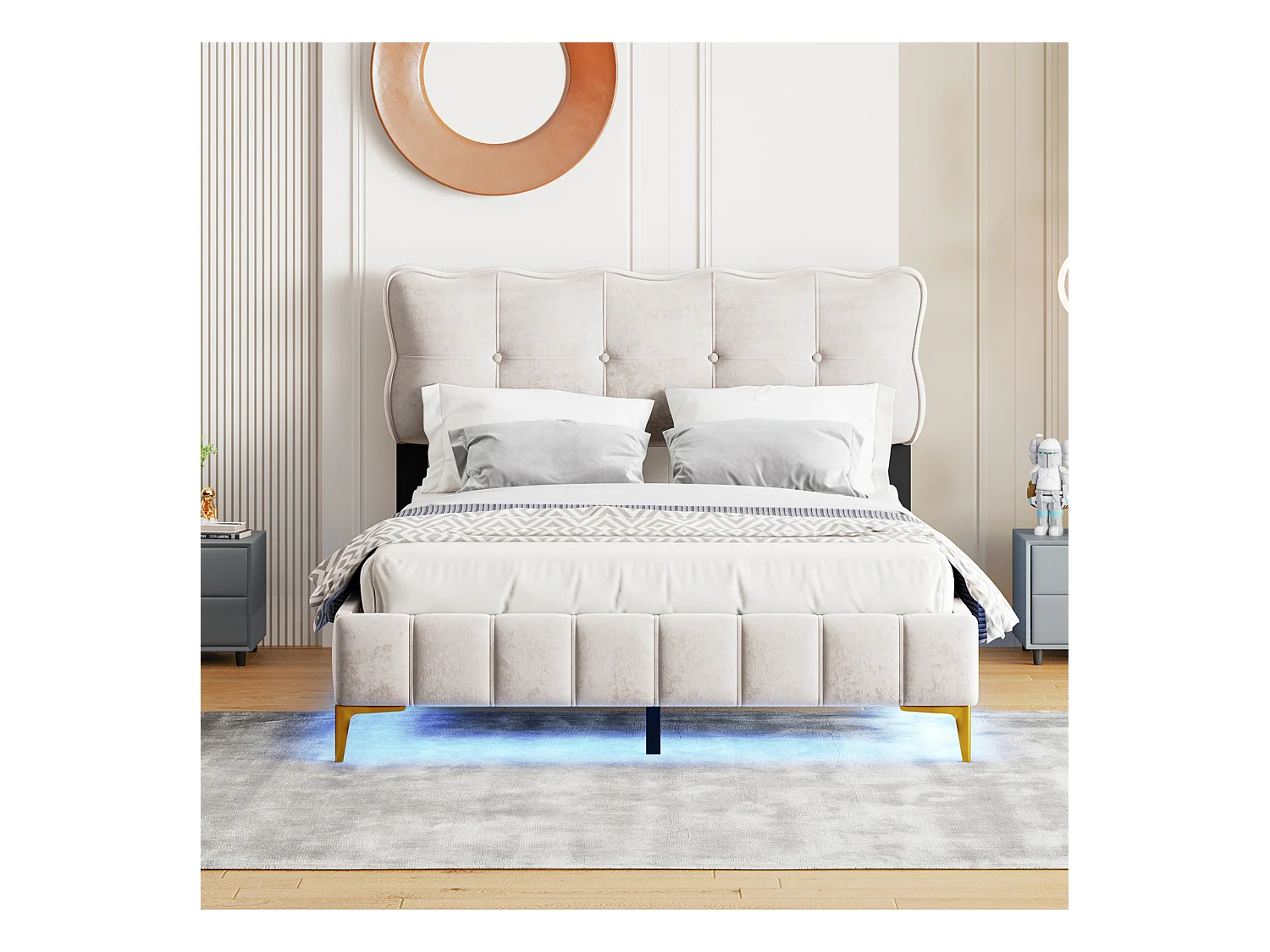 Lit rembourré 140x200 cm pour jeunes, LED intégrées, tête rembourrée, sommier métal, velours beige