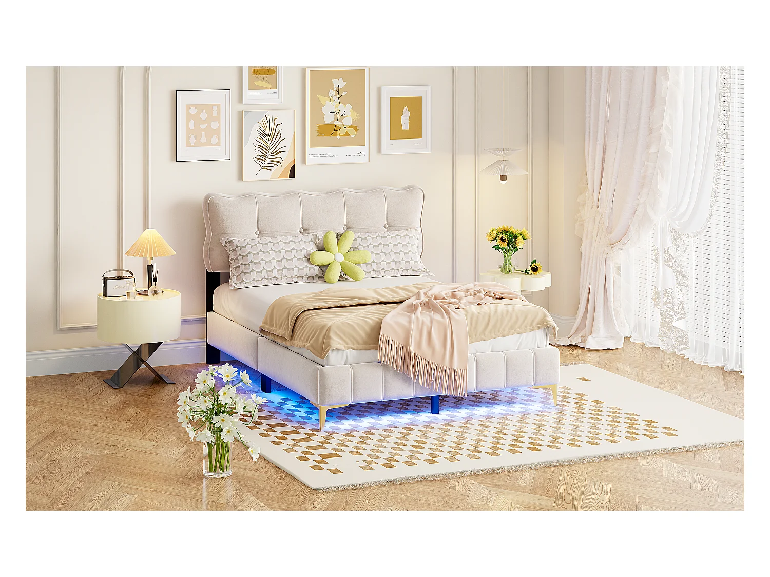 Lit rembourré 140x200 cm pour jeunes, LED intégrées, tête rembourrée, sommier métal, velours beige