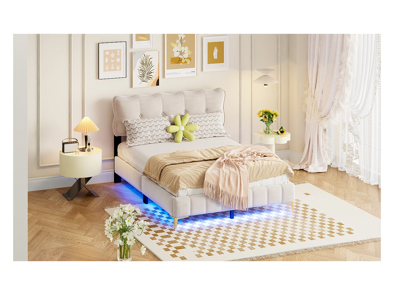 Lit rembourré 140x200 cm pour jeunes, LED intégrées, tête rembourrée, sommier métal, velours beige