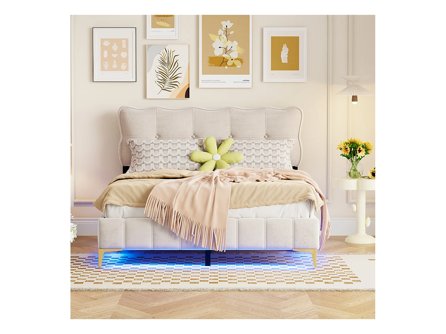 Lit rembourré 140x200 cm pour jeunes, LED intégrées, tête rembourrée, sommier métal, velours beige