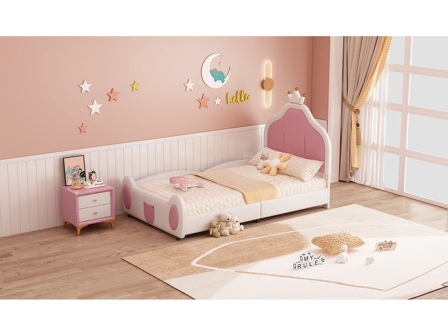 Lit enfant rembourré 90x200 cm, tête avec couronne, design enfant, PU cuir blanc, lit avec rangement