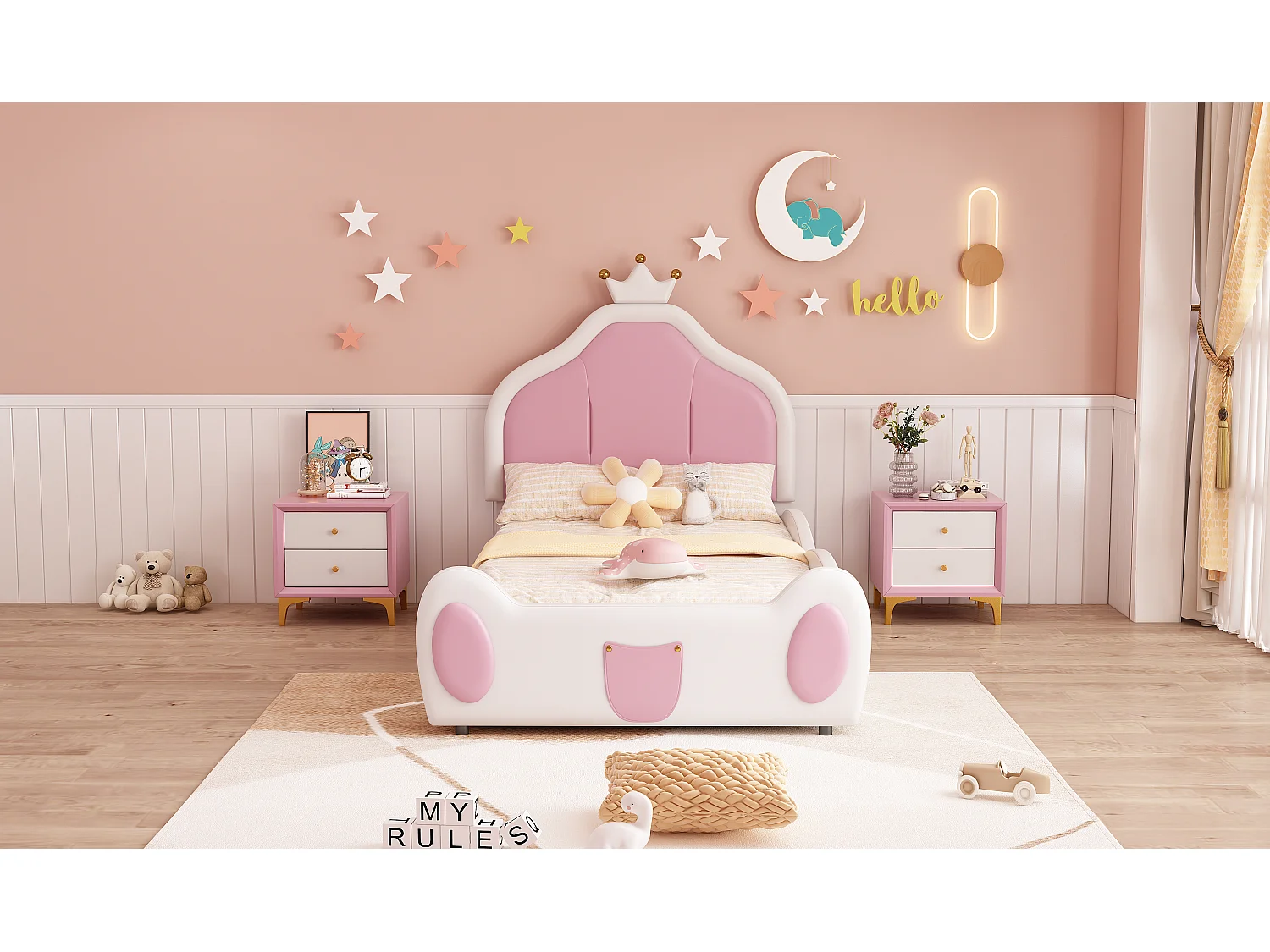 Lit enfant rembourré 90x200 cm, tête avec couronne, design enfant, PU cuir blanc, lit avec rangement