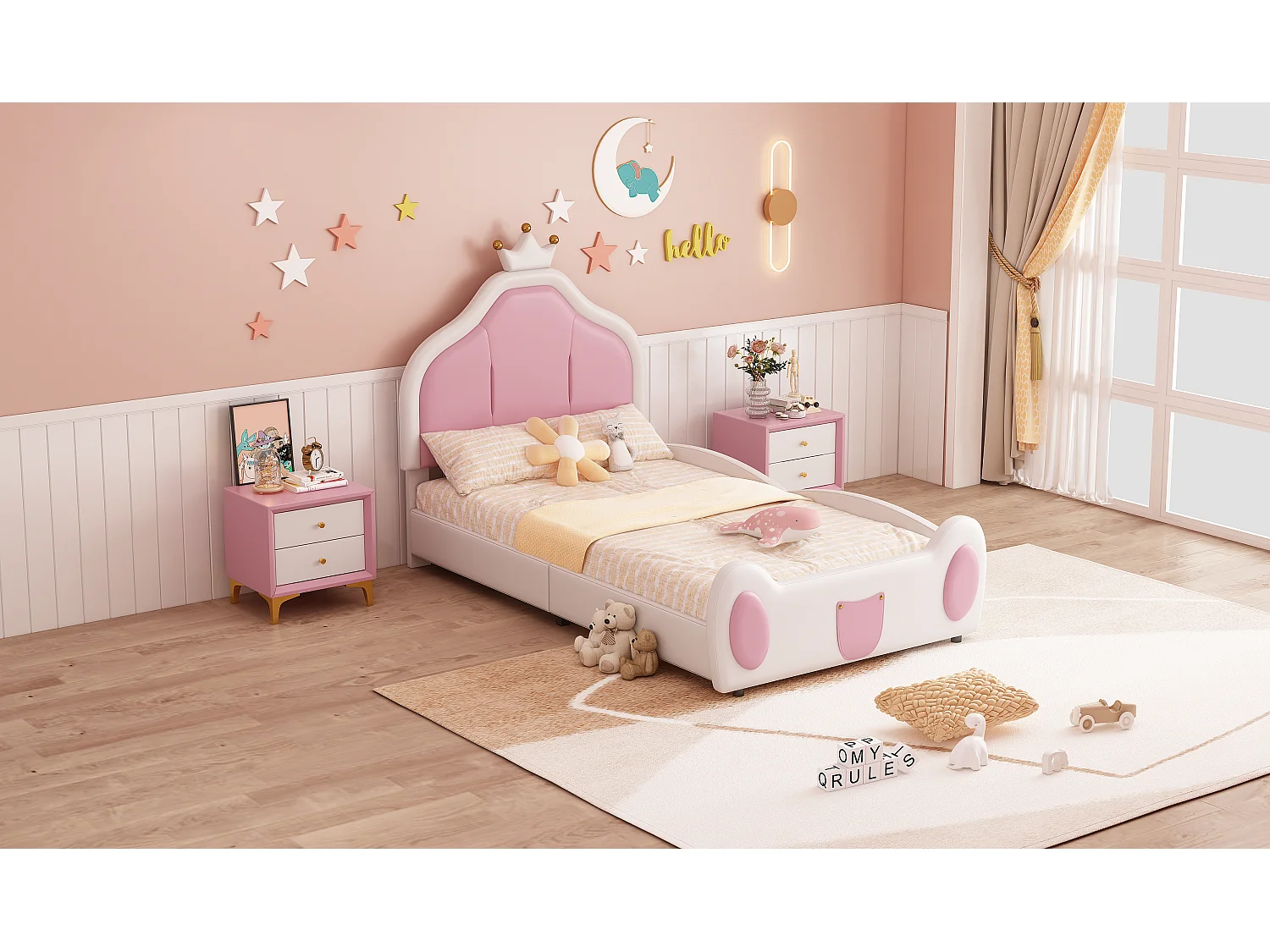 Lit enfant rembourré 90x200 cm, tête avec couronne, design enfant, PU cuir blanc, lit avec rangement