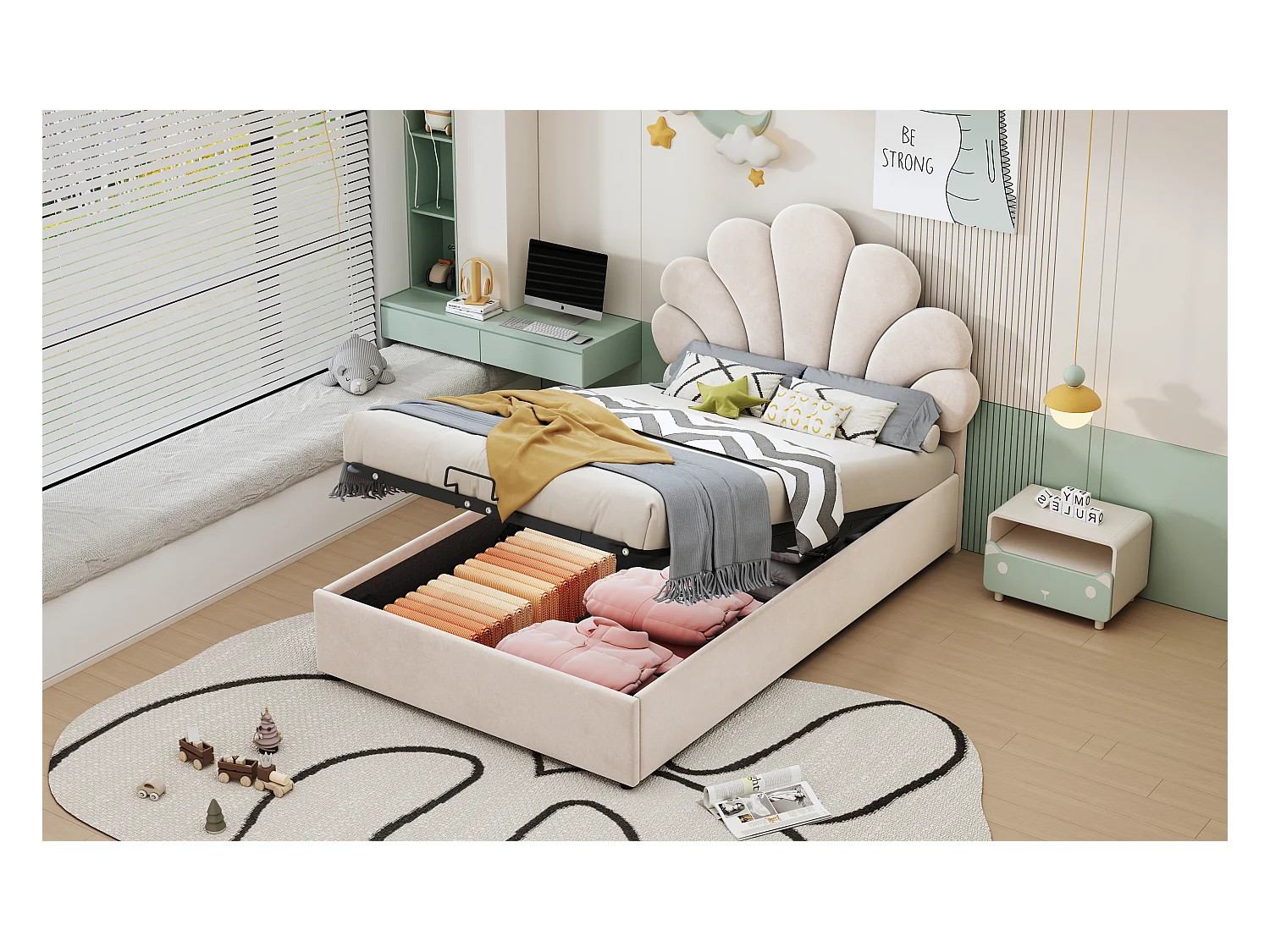 Lit enfant 90 x 200 cm, avec tête de lit fleurie et sommier, rangement hydraulique, velours beige