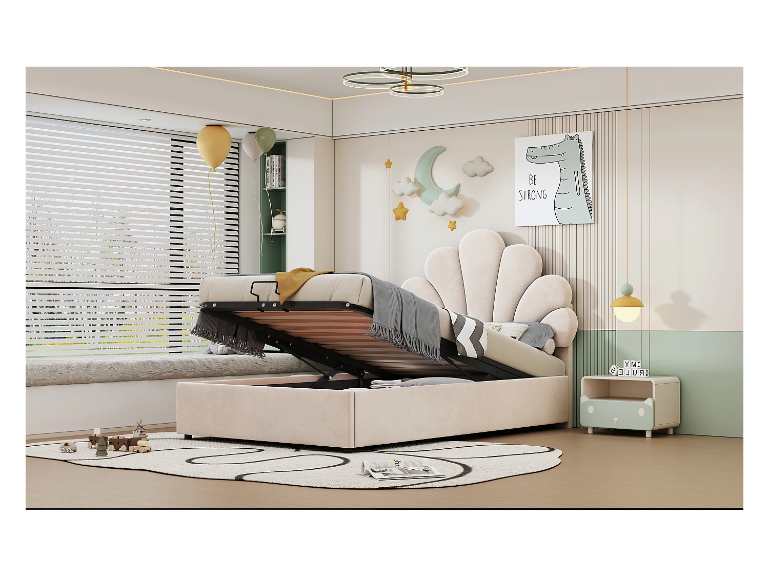 Lit enfant 90 x 200 cm, avec tête de lit fleurie et sommier, rangement hydraulique, velours beige