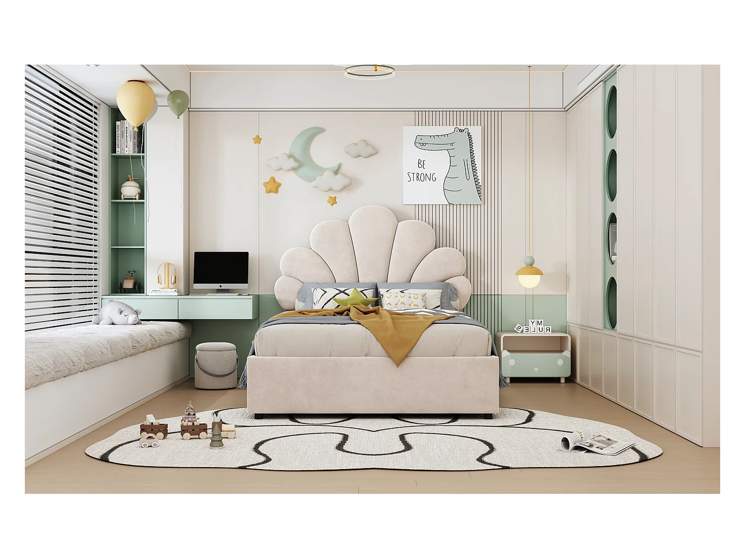 Lit enfant 90 x 200 cm, avec tête de lit fleurie et sommier, rangement hydraulique, velours beige