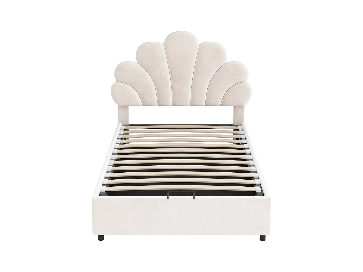 Lit enfant 90 x 200 cm, avec tête de lit fleurie et sommier, rangement hydraulique, velours beige