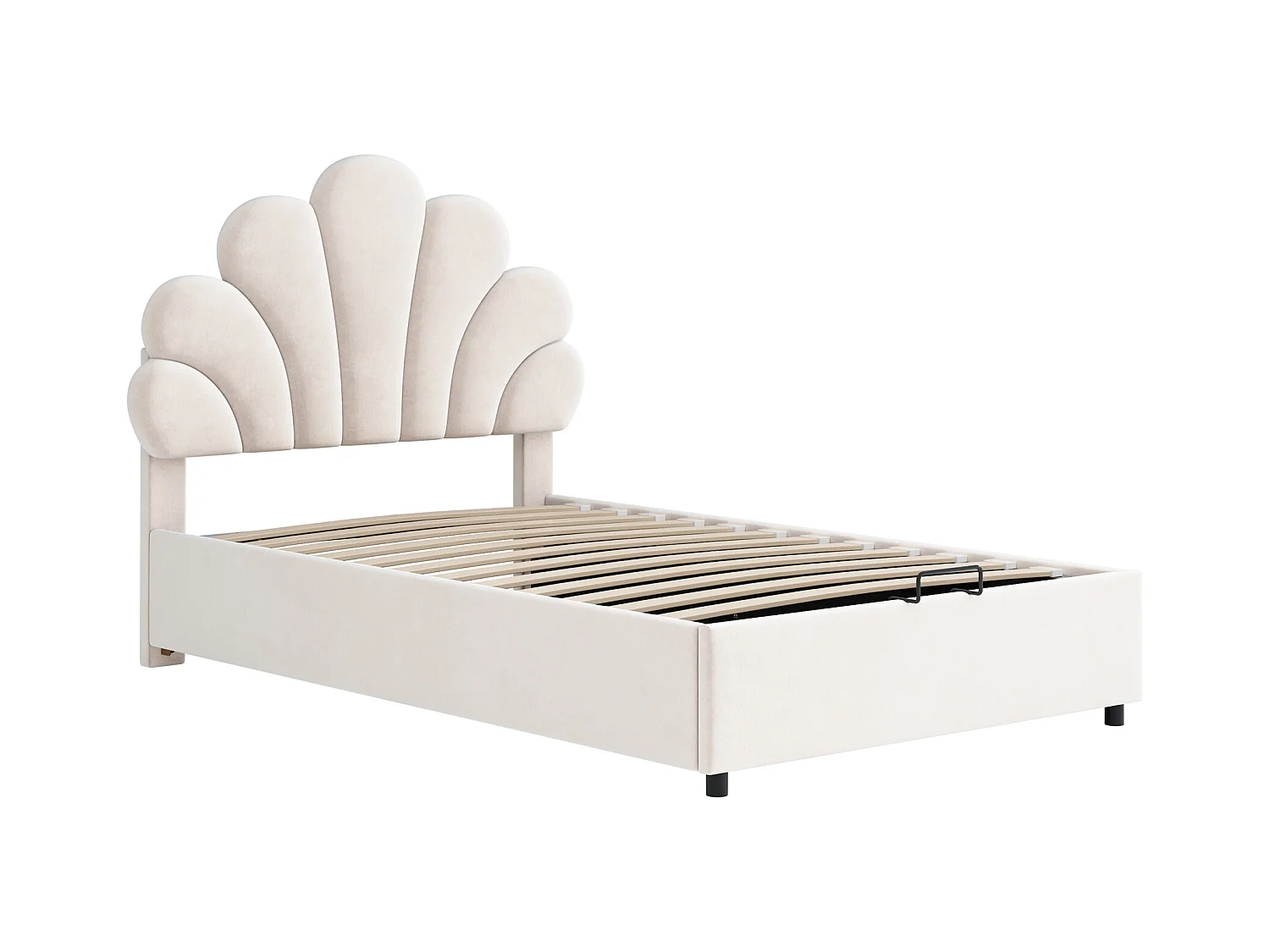 Lit enfant 90 x 200 cm, avec tête de lit fleurie et sommier, rangement hydraulique, velours beige