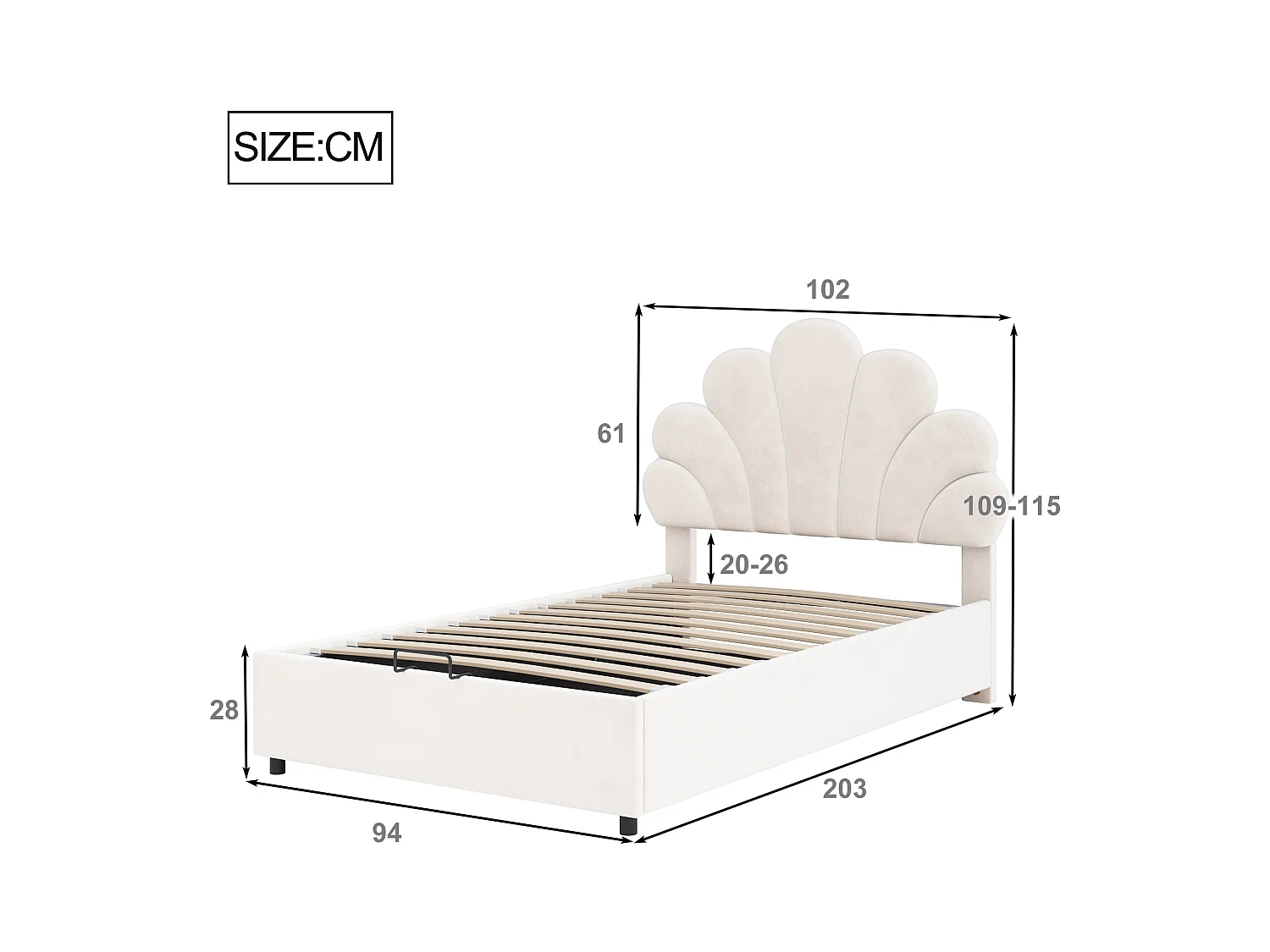 Lit enfant 90 x 200 cm, avec tête de lit fleurie et sommier, rangement hydraulique, velours beige
