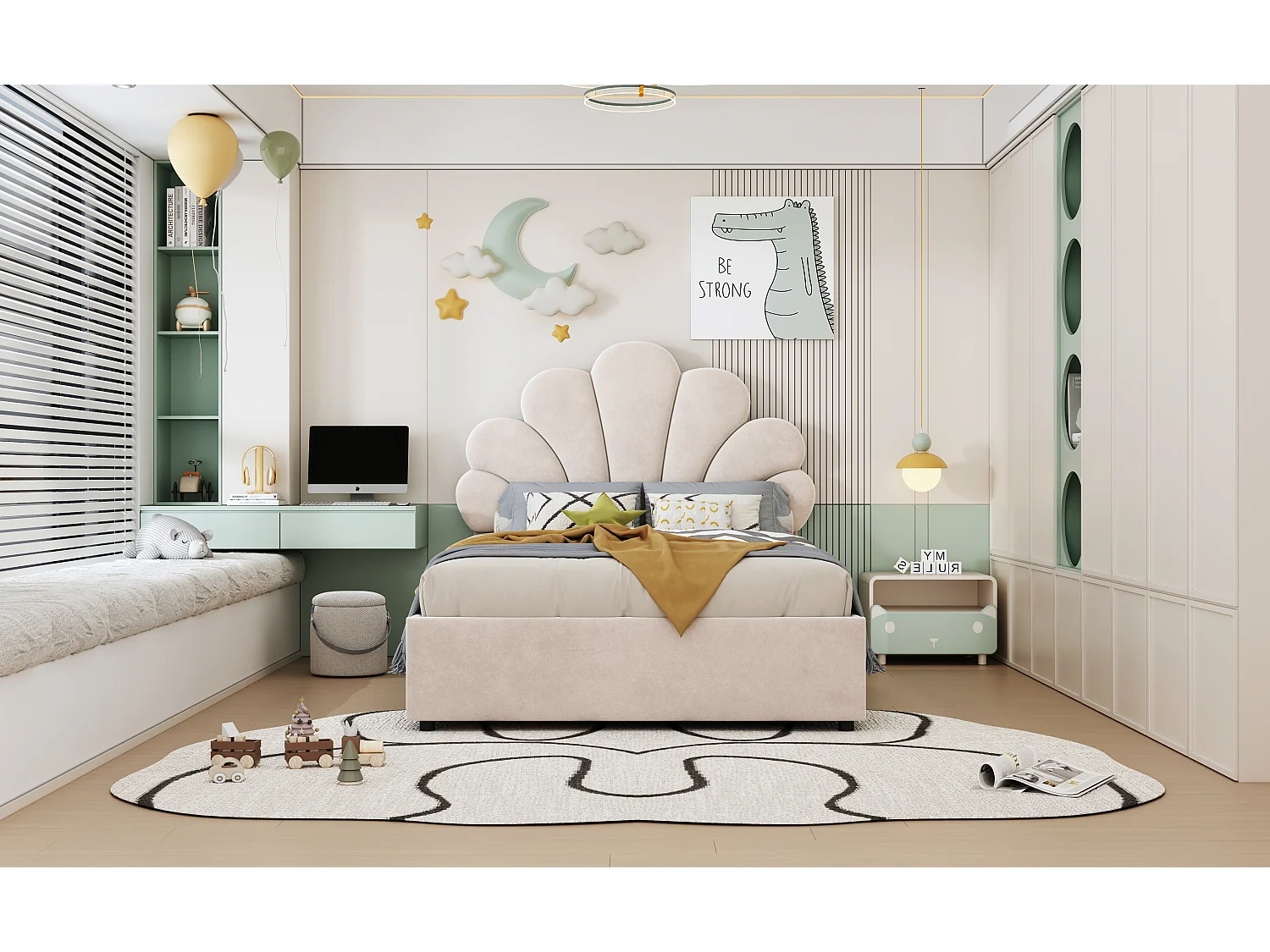 Lit enfant 90 x 200 cm, avec tête de lit fleurie et sommier, rangement hydraulique, velours beige