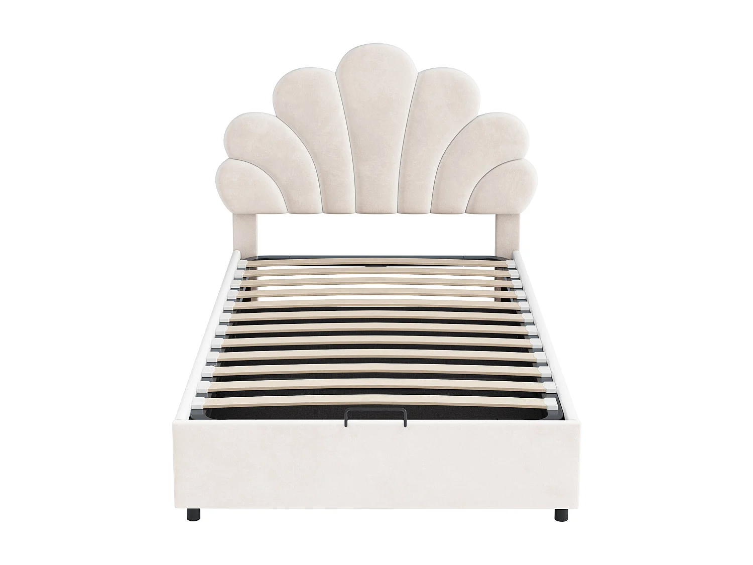 Lit enfant 90 x 200 cm, avec tête de lit fleurie et sommier, rangement hydraulique, velours beige