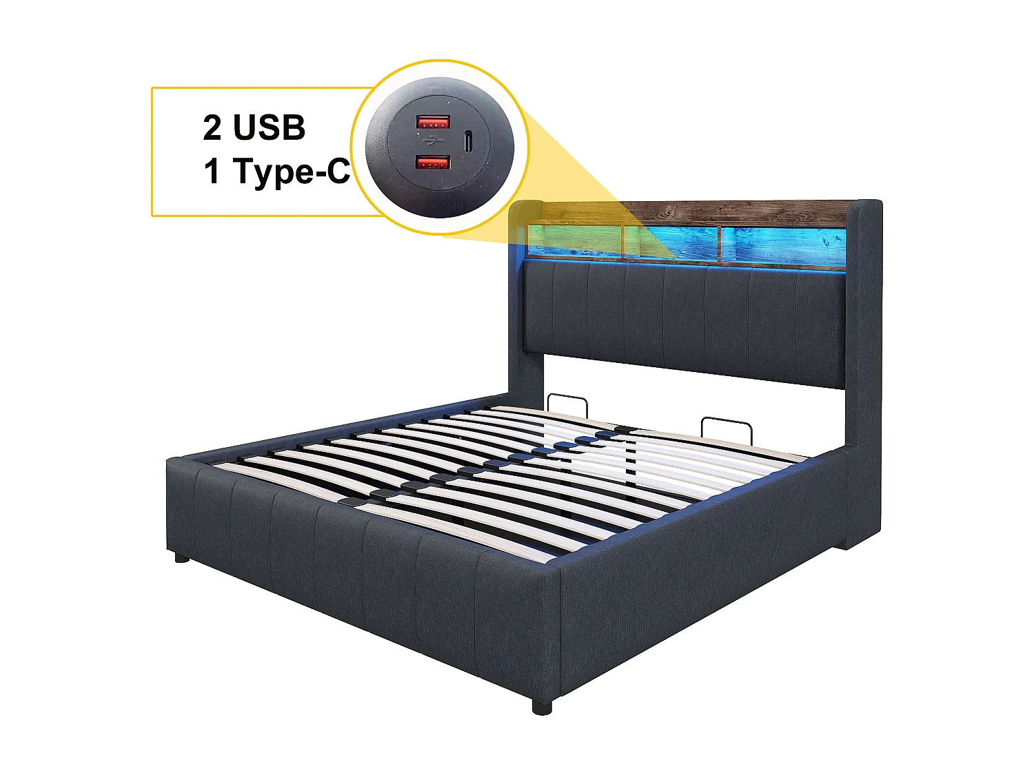 Lit rembourré 140×200 cm avec éclairage LED et prise USB, tête de lit avec étagères et rangement, hydraulique