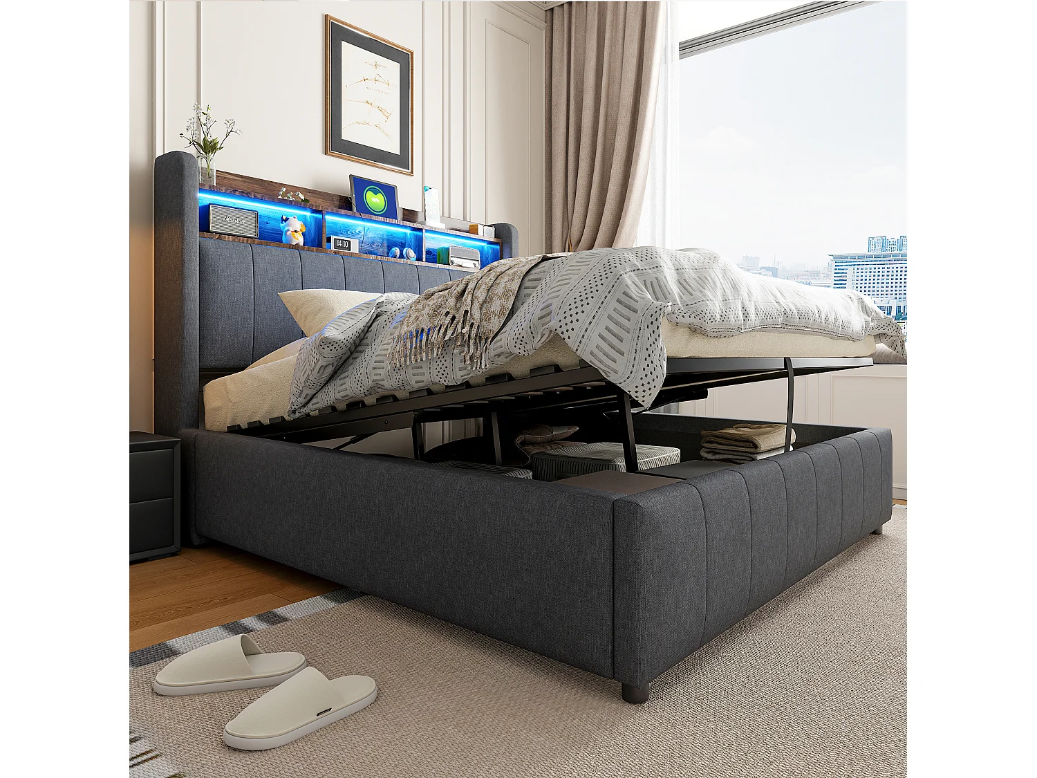 Lit rembourré 140×200 cm avec éclairage LED et prise USB, tête de lit avec étagères et rangement, hydraulique