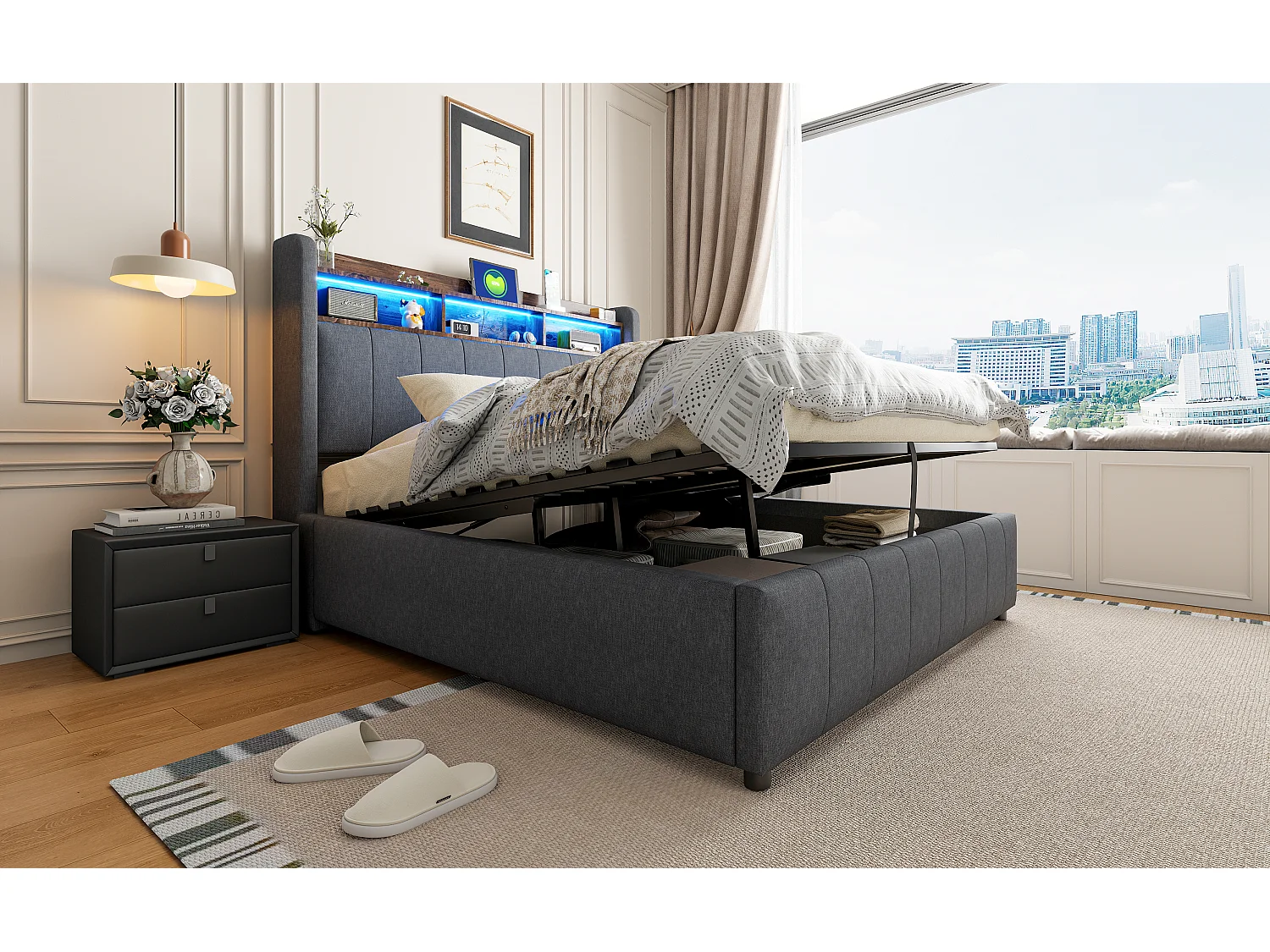 Lit rembourré 140×200 cm avec éclairage LED et prise USB, tête de lit avec étagères et rangement, hydraulique