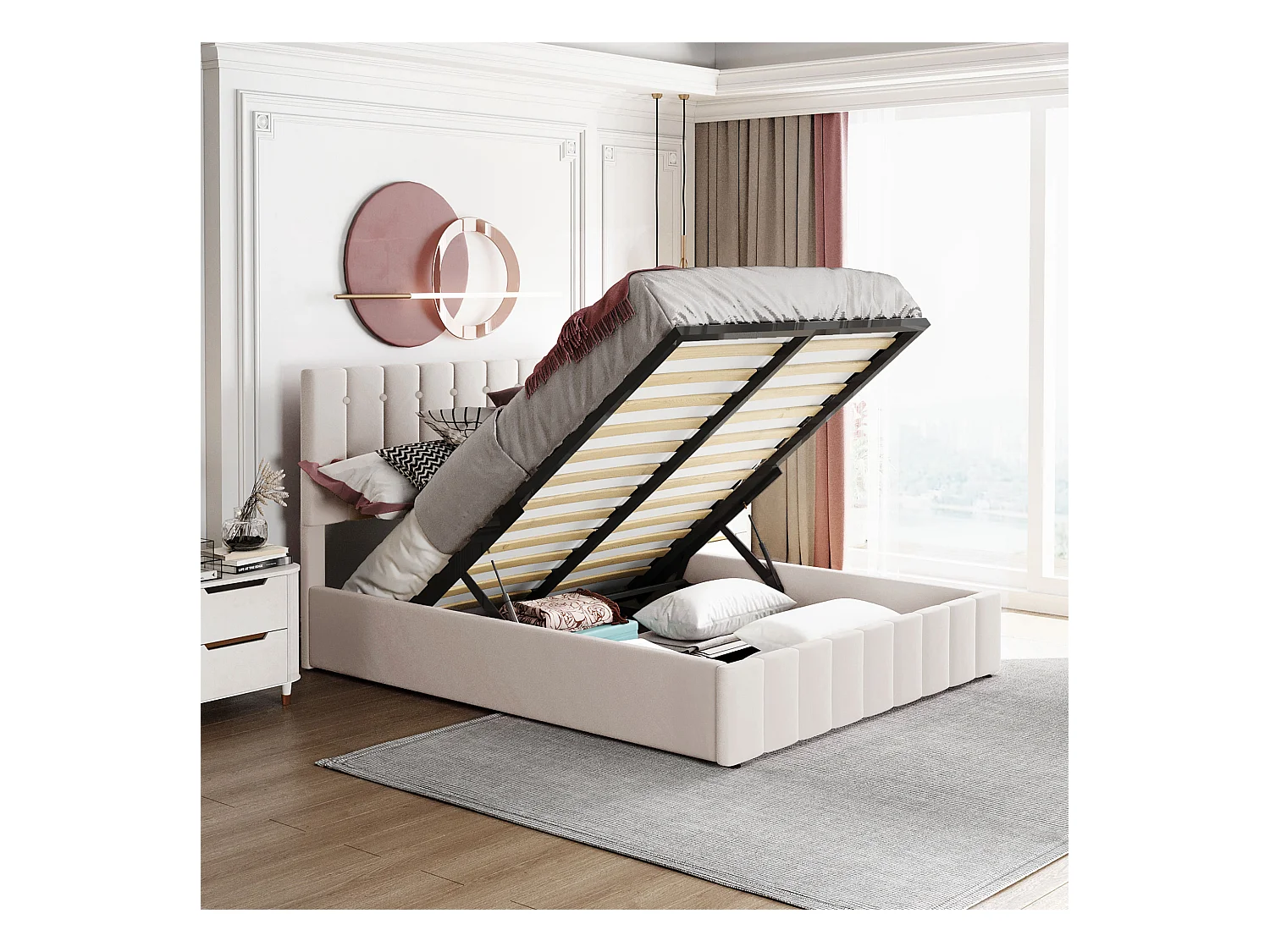 Lit rembourré 140x200 cm avec rangement hydraulique, tête réglable, sommier métal, velours crème, adulte et junior