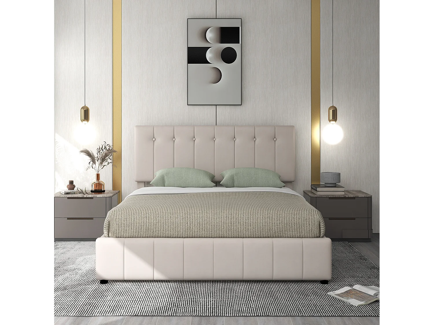 Lit rembourré 140x200 cm avec rangement hydraulique, tête réglable, sommier métal, velours crème, adulte et junior