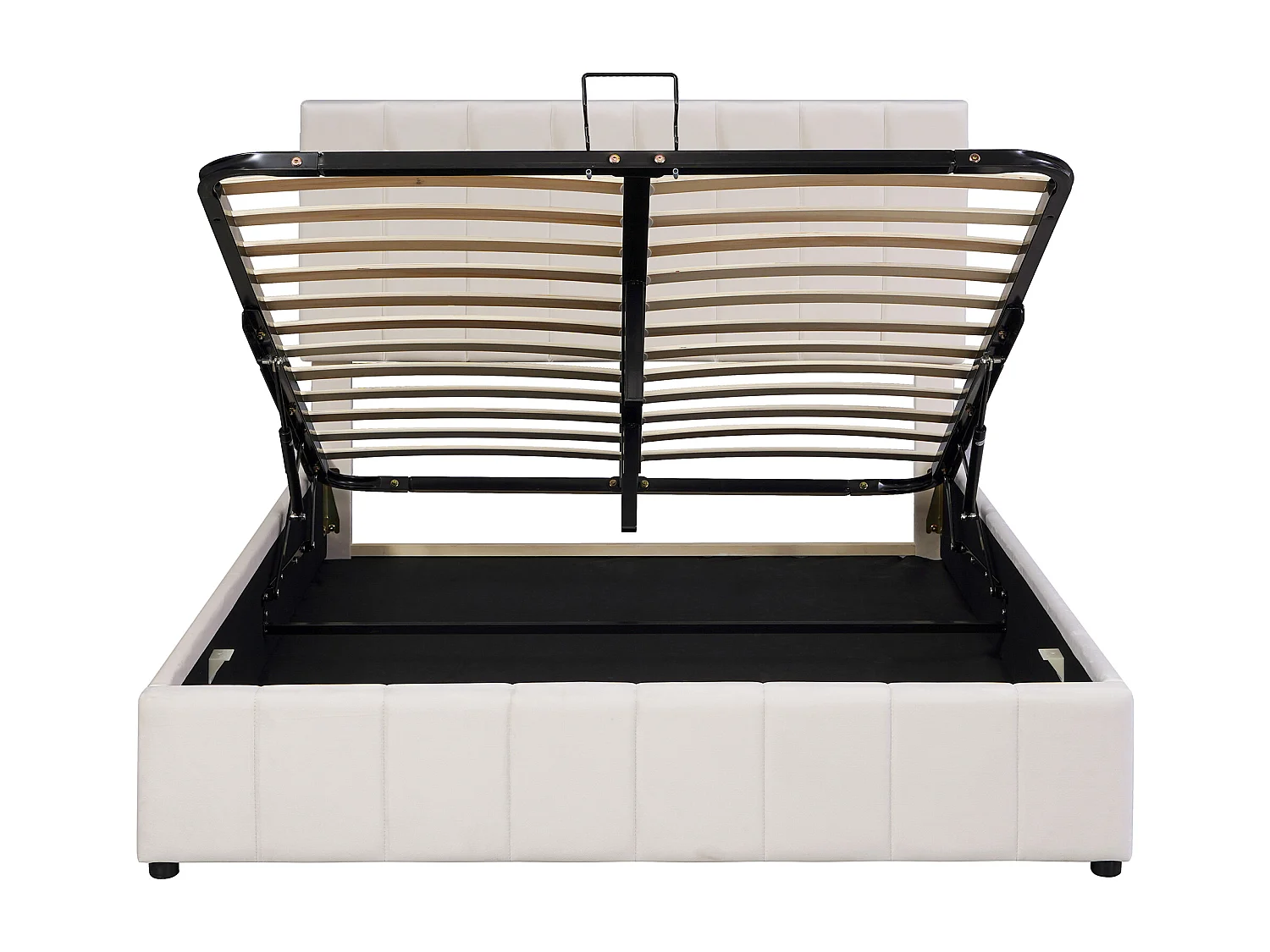 Lit rembourré 140x200 cm avec rangement hydraulique, tête réglable, sommier métal, velours crème, adulte et junior