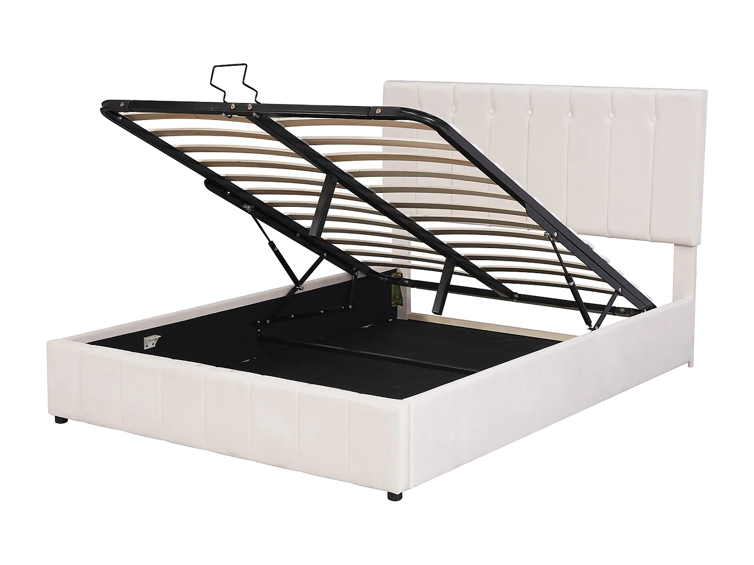 Lit rembourré 140x200 cm avec rangement hydraulique, tête réglable, sommier métal, velours crème, adulte et junior