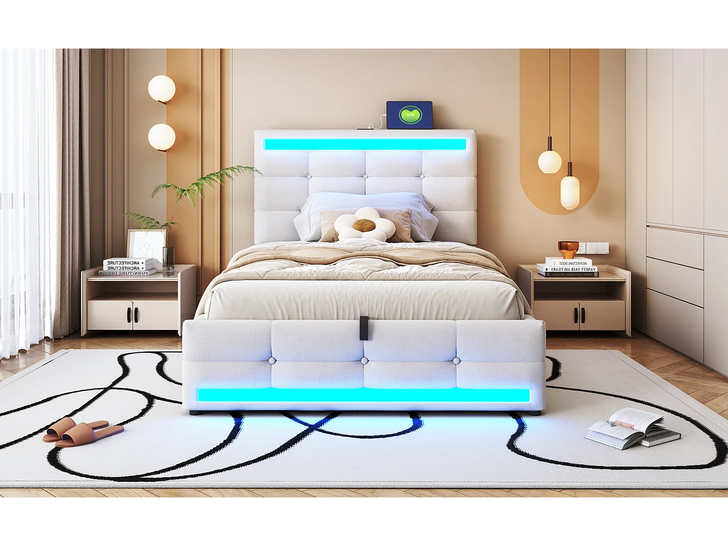 Lit rembourré 90×200 cm avec rangement hydraulique, USB et bande LED changeante, en lin beige