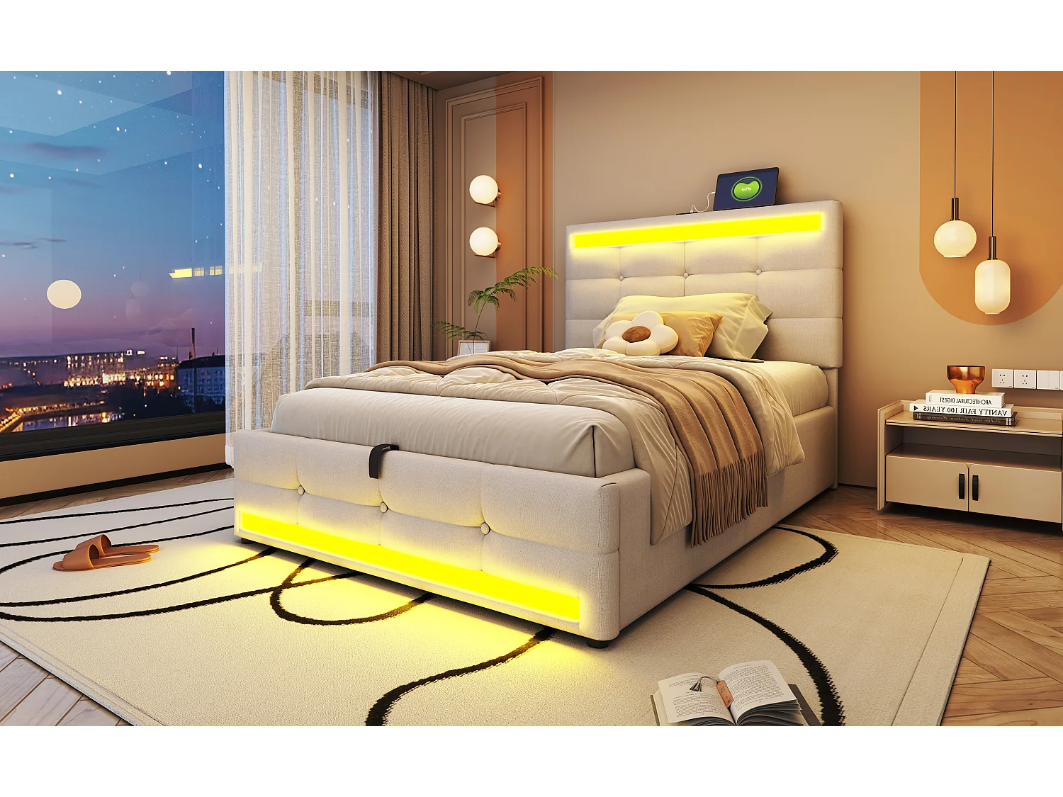 Lit rembourré 90×200 cm avec rangement hydraulique, USB et bande LED changeante, en lin beige