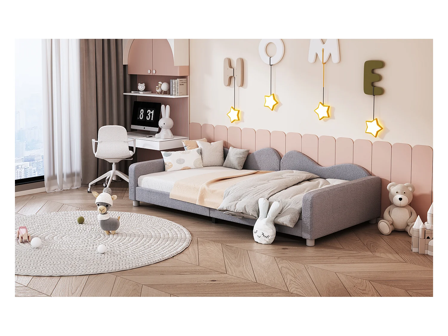 Lit enfant rembourré 90x200 cm, canapé-lit en tissu Teddy, dossier et accoudoirs, lit multifonction, gris