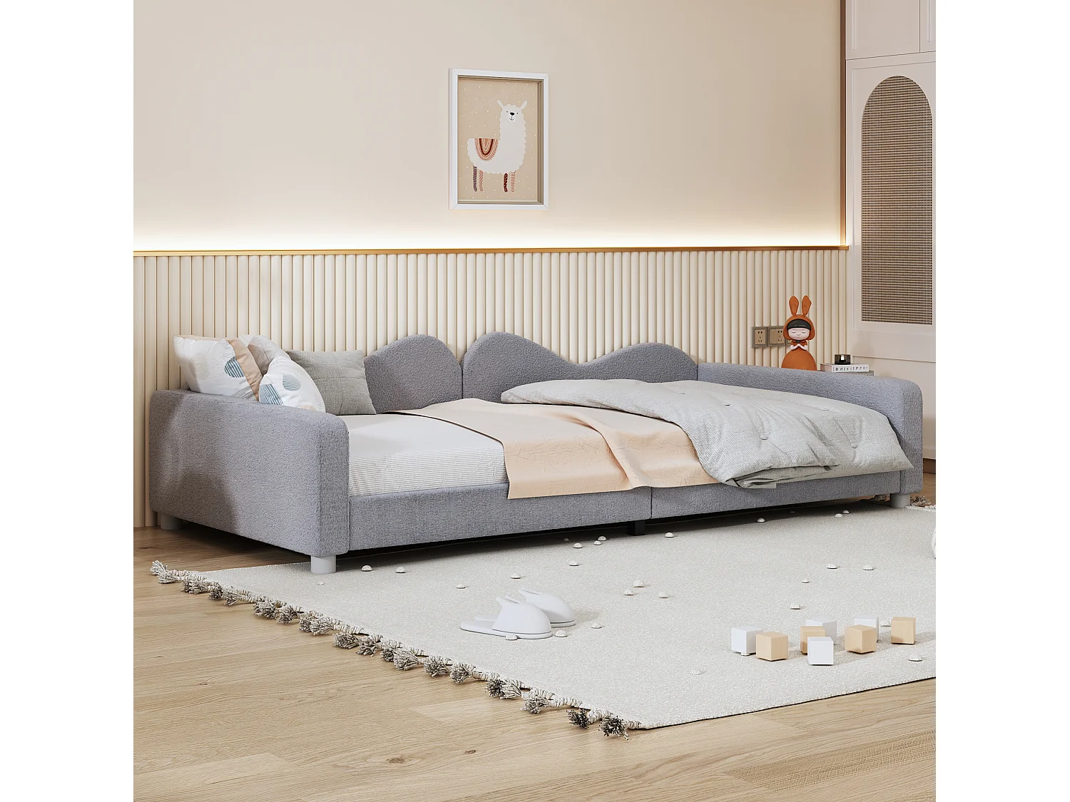 Lit enfant rembourré 90x200 cm, canapé-lit en tissu Teddy, dossier et accoudoirs, lit multifonction, gris