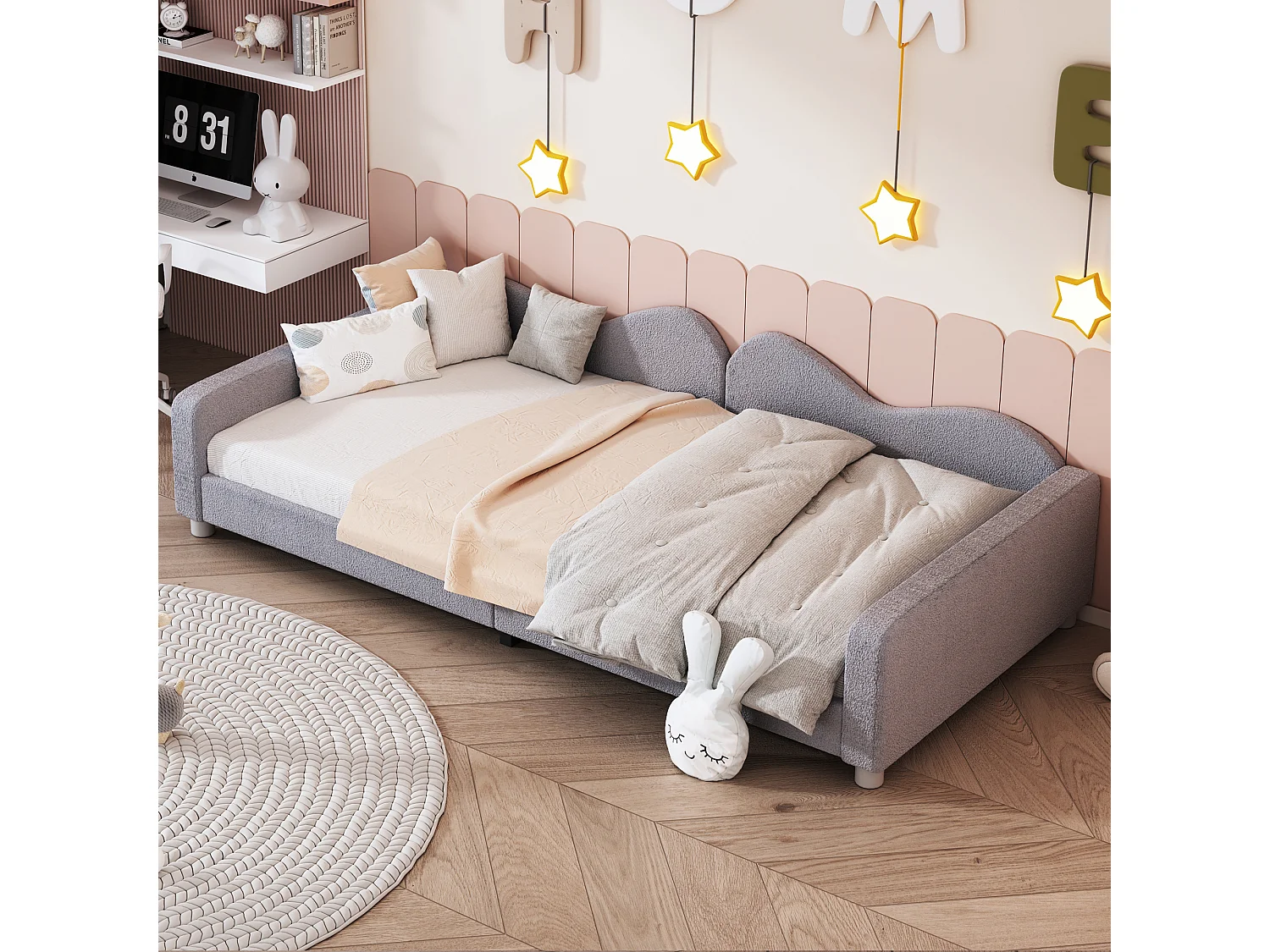 Lit enfant rembourré 90x200 cm, canapé-lit en tissu Teddy, dossier et accoudoirs, lit multifonction, gris