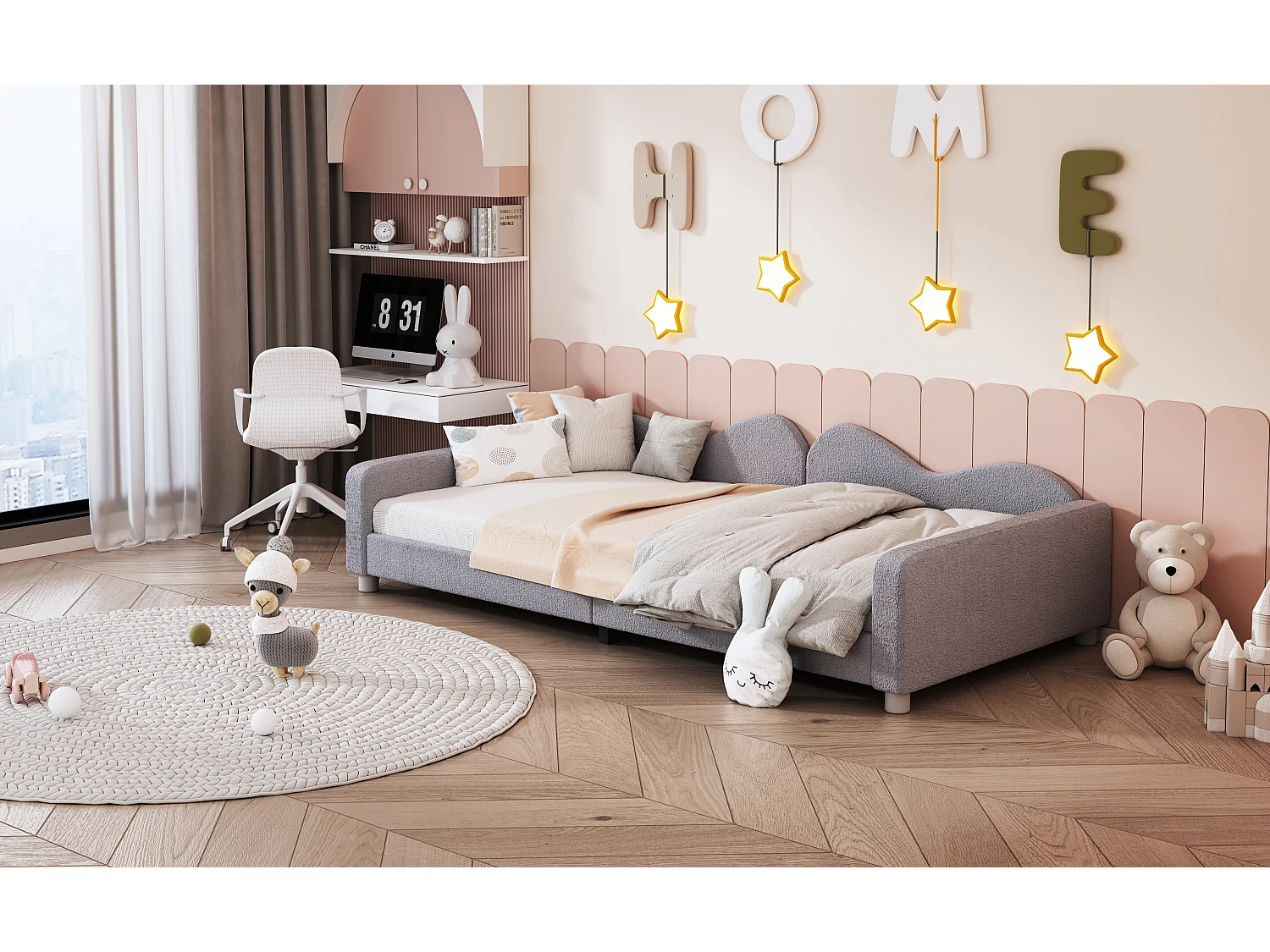 Lit enfant rembourré 90x200 cm, canapé-lit en tissu Teddy, dossier et accoudoirs, lit multifonction, gris