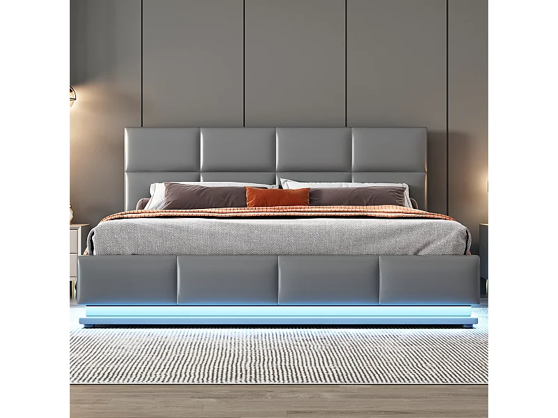 Lit rembourré 160 x 200 cm avec LED, sommier à lattes en métal et coffre de rangement, tête de lit réglable en hauteur, gris