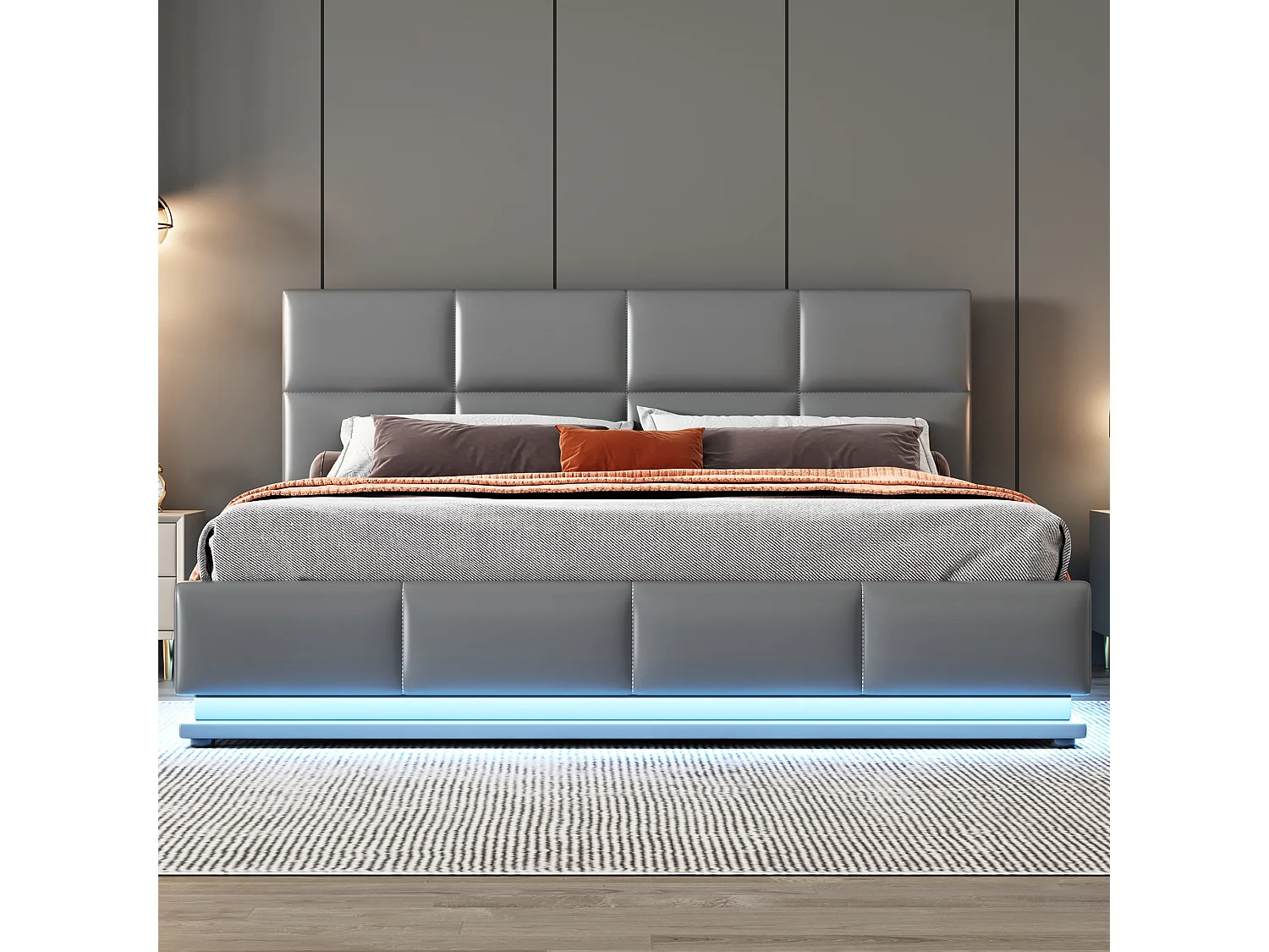 Lit rembourré 160 x 200 cm avec LED, sommier à lattes en métal et coffre de rangement, tête de lit réglable en hauteur, gris