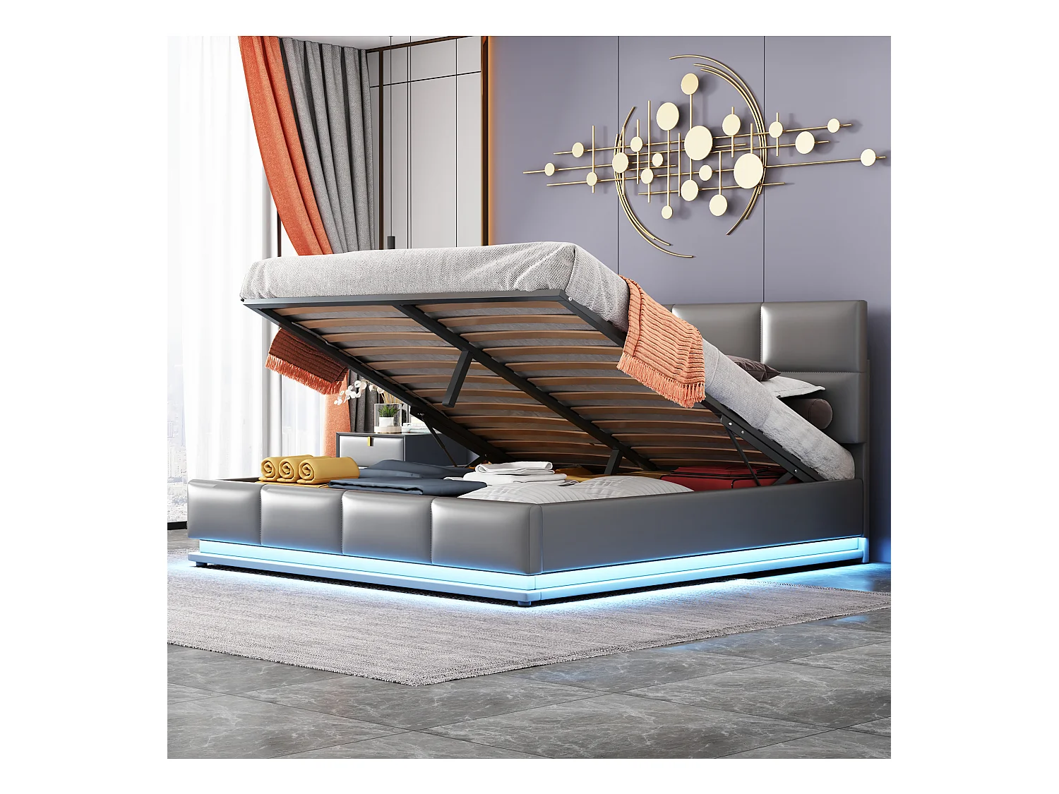 Lit rembourré 160 x 200 cm avec LED, sommier à lattes en métal et coffre de rangement, tête de lit réglable en hauteur, gris
