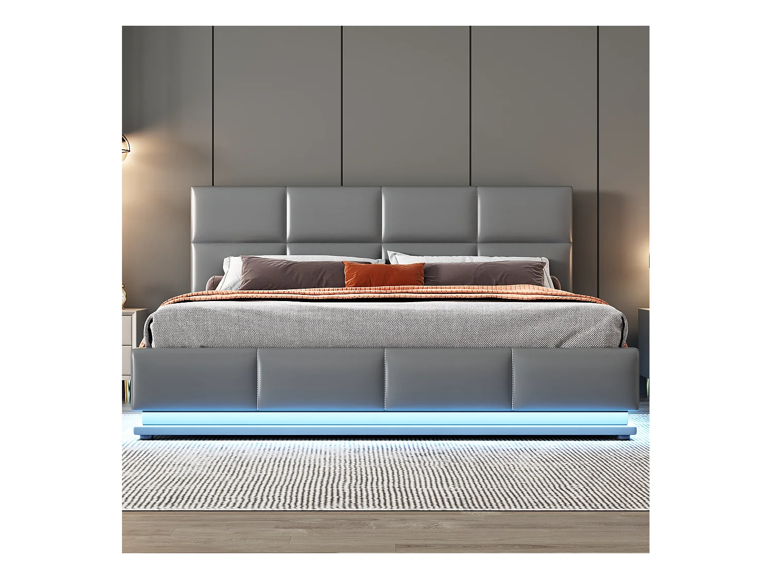 Lit rembourré 160 x 200 cm avec LED, sommier à lattes en métal et coffre de rangement, tête de lit réglable en hauteur, gris