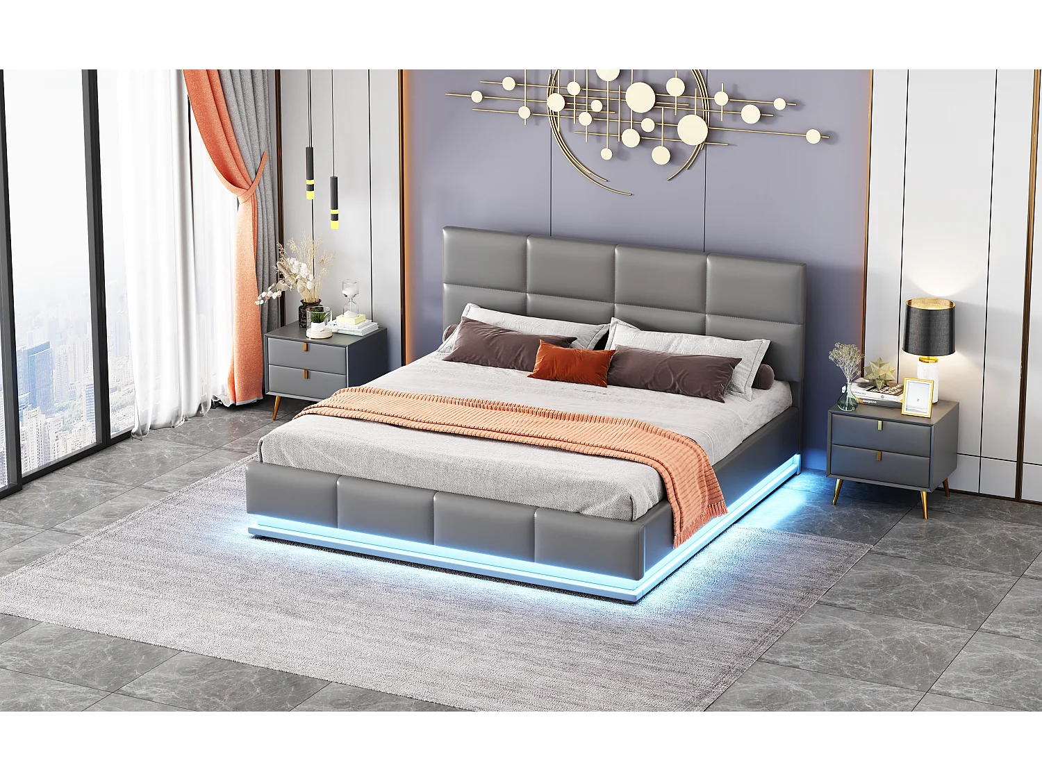 Lit rembourré 160 x 200 cm avec LED, sommier à lattes en métal et coffre de rangement, tête de lit réglable en hauteur, gris