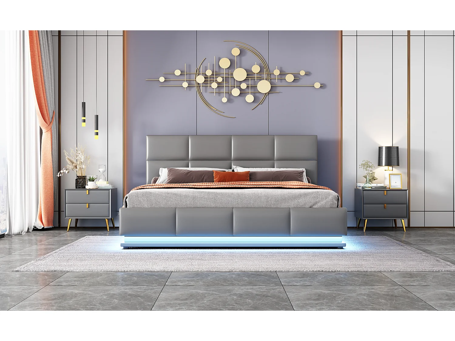 Lit rembourré 160 x 200 cm avec LED, sommier à lattes en métal et coffre de rangement, tête de lit réglable en hauteur, gris