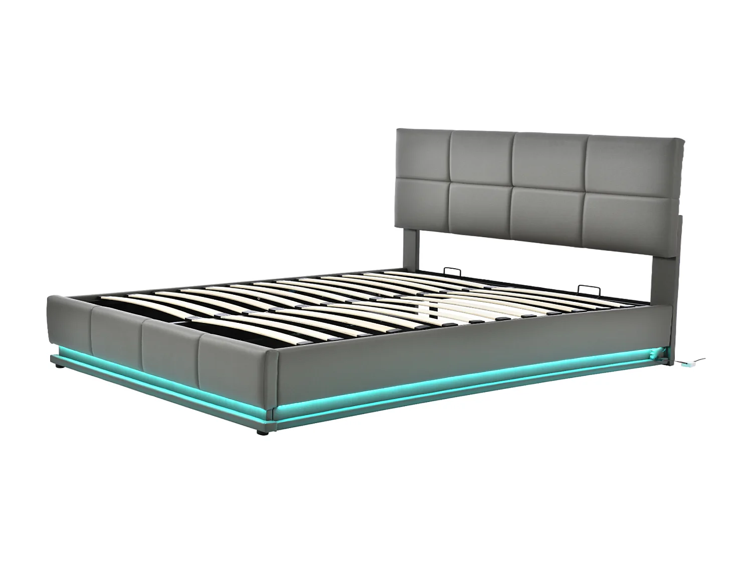 Lit rembourré 160 x 200 cm avec LED, sommier à lattes en métal et coffre de rangement, tête de lit réglable en hauteur, gris