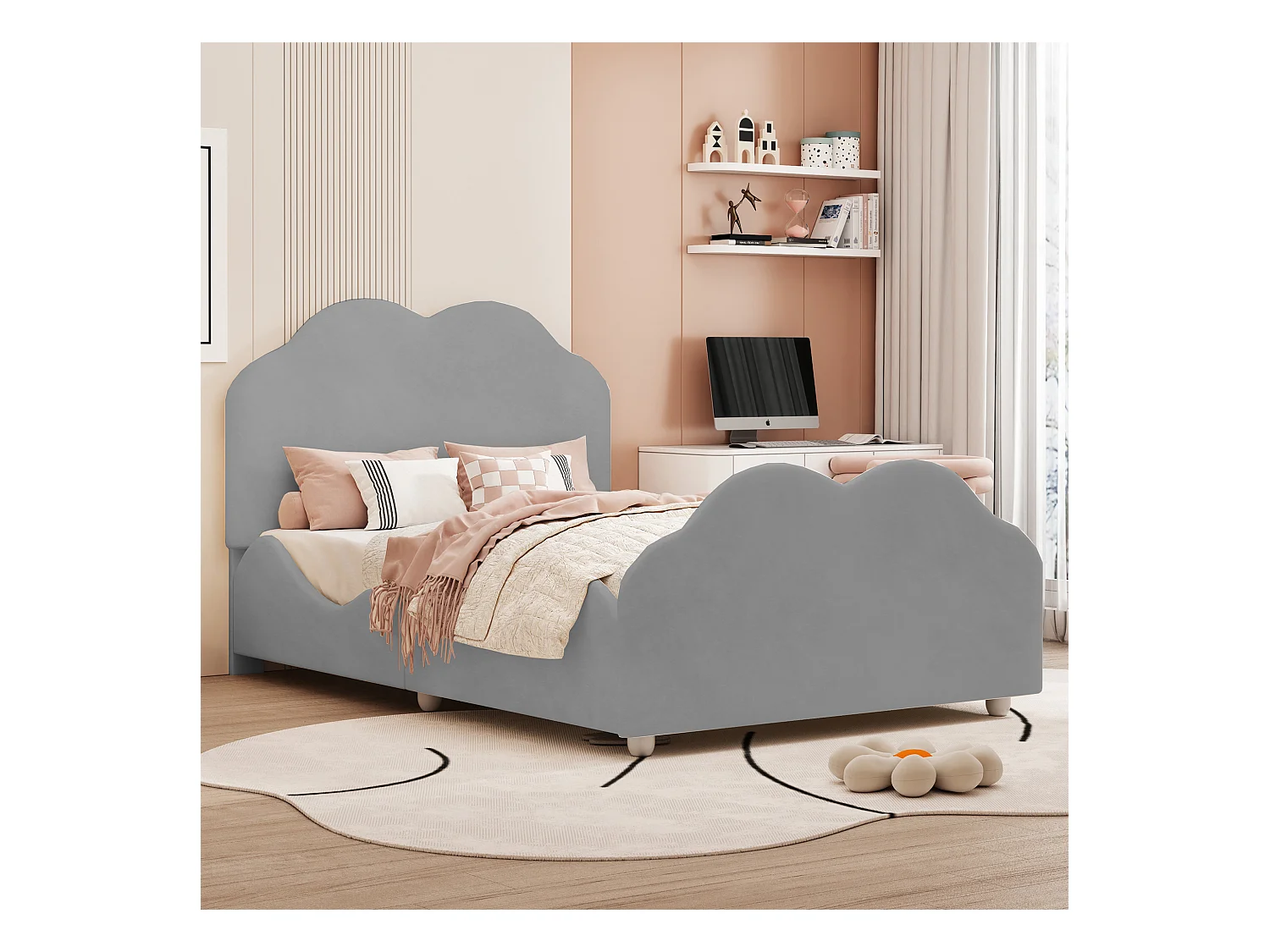 Lit rembourré 90x200 cm avec barrières hautes, tête et pied nuage, velours gris, lit enfant pratique