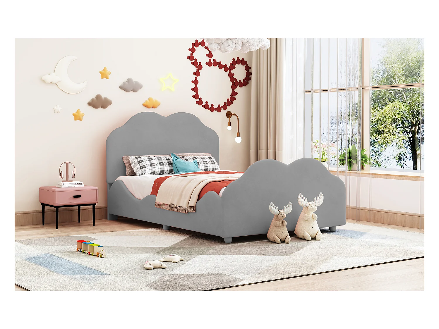 Lit rembourré 90x200 cm avec barrières hautes, tête et pied nuage, velours gris, lit enfant pratique