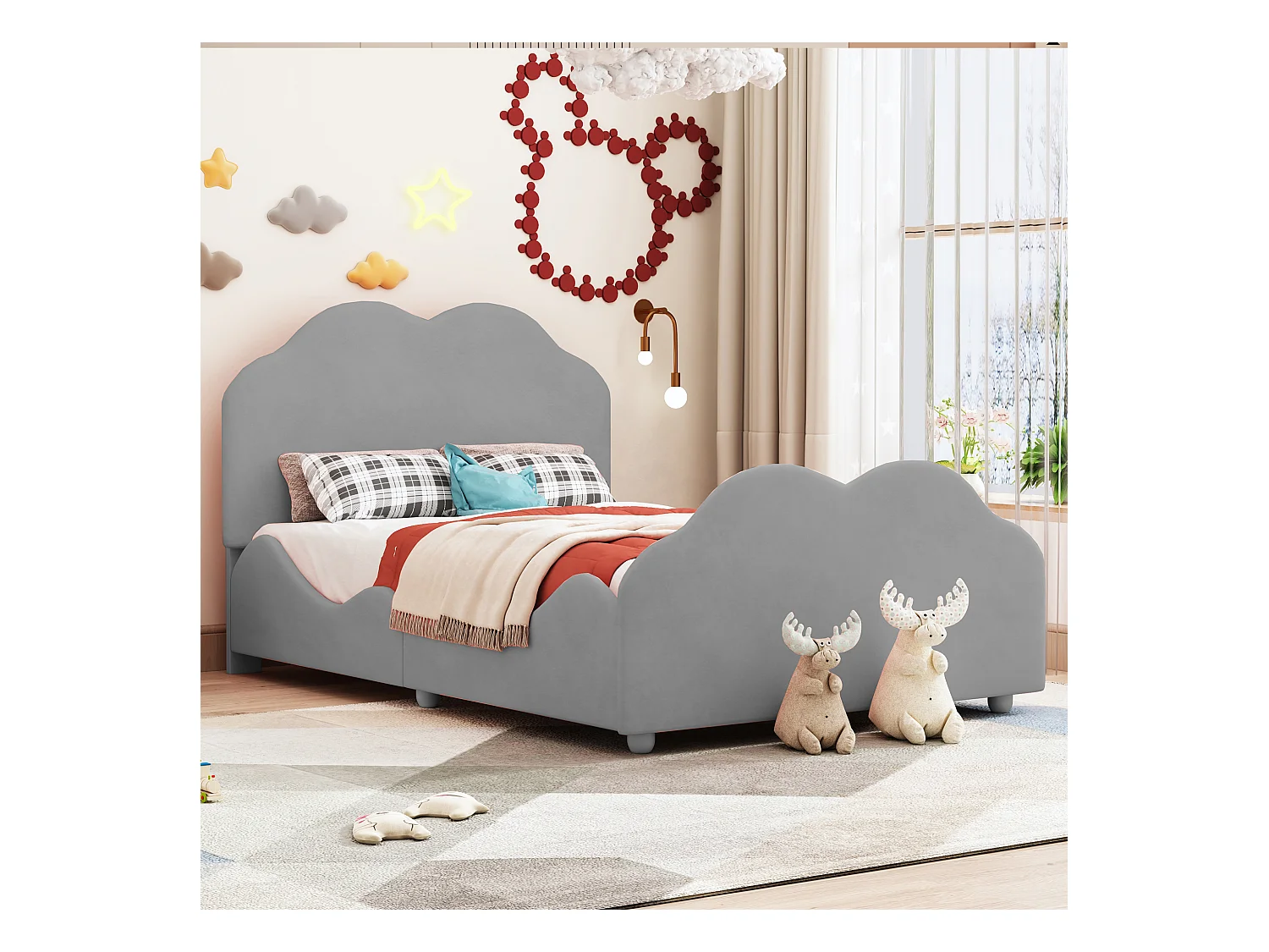 Lit rembourré 90x200 cm avec barrières hautes, tête et pied nuage, velours gris, lit enfant pratique
