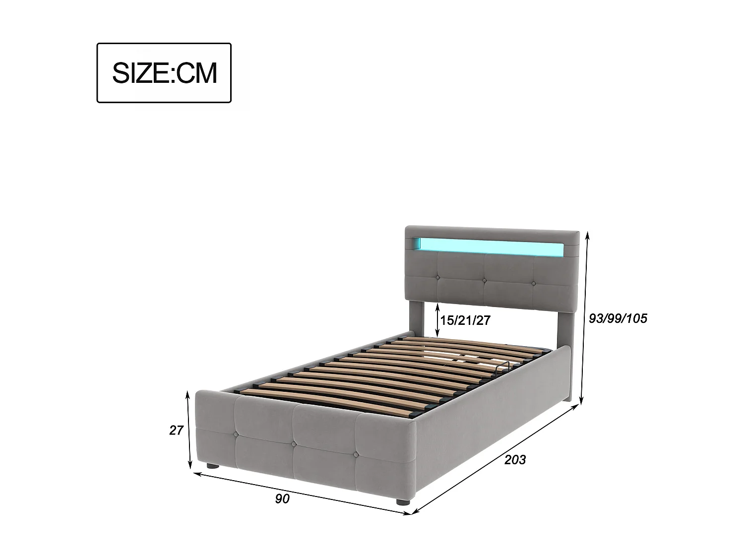 Lit enfant 90x200 cm, avec éclairage LED, lit de rangement hydraulique, tête de lit réglable, velours, gris