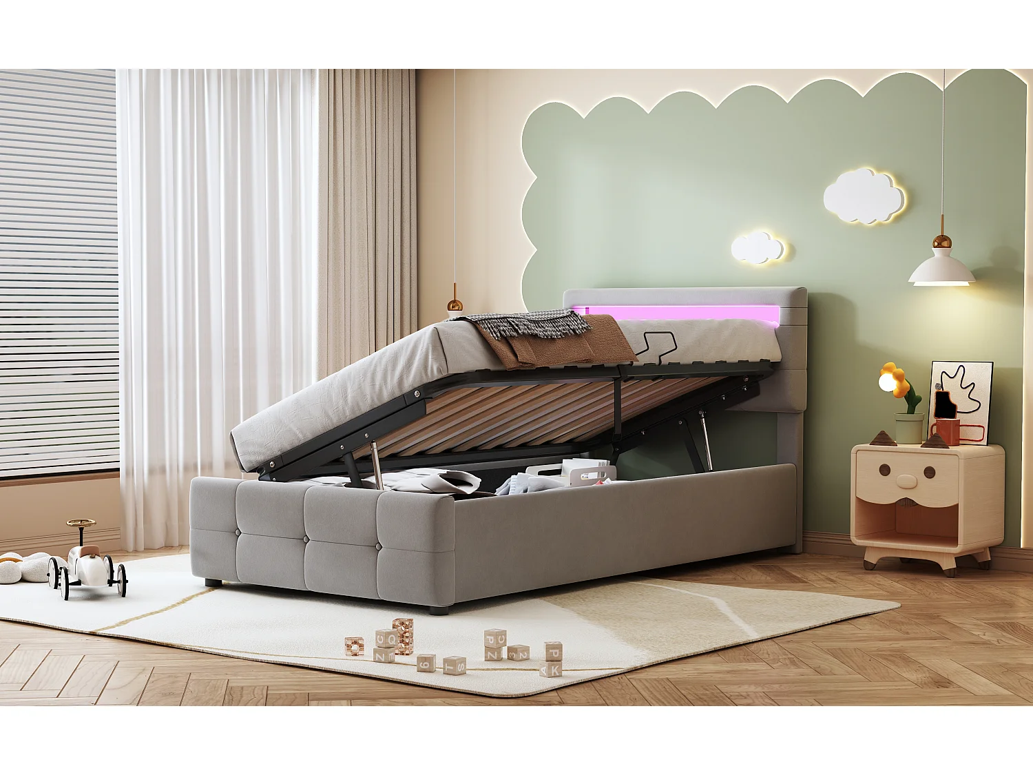 Lit enfant 90x200 cm, avec éclairage LED, lit de rangement hydraulique, tête de lit réglable, velours, gris