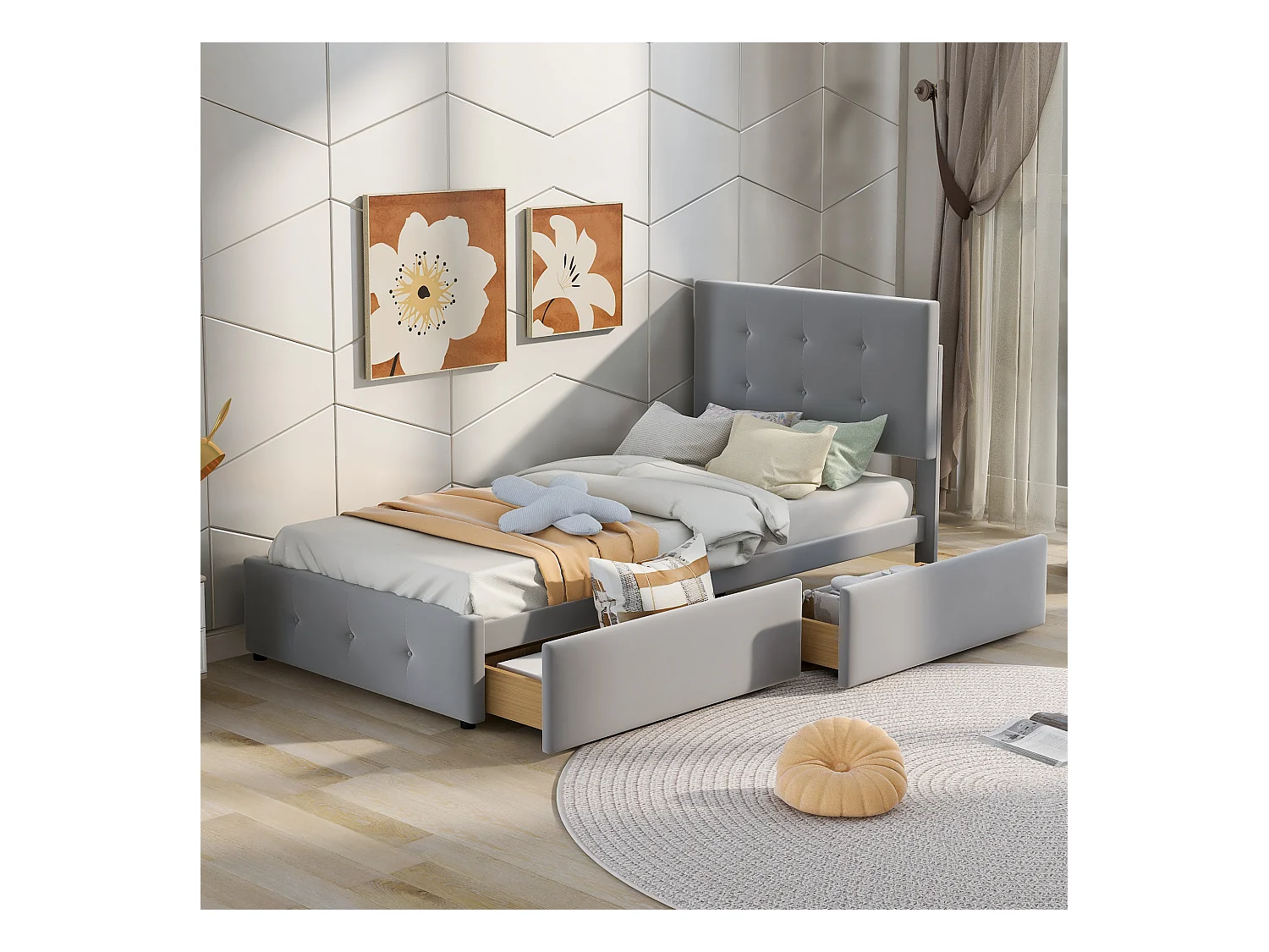 Lit rembourré 90x200 cm avec tiroirs et sommier, tête rembourrée, velours gris, lit enfant multifonction