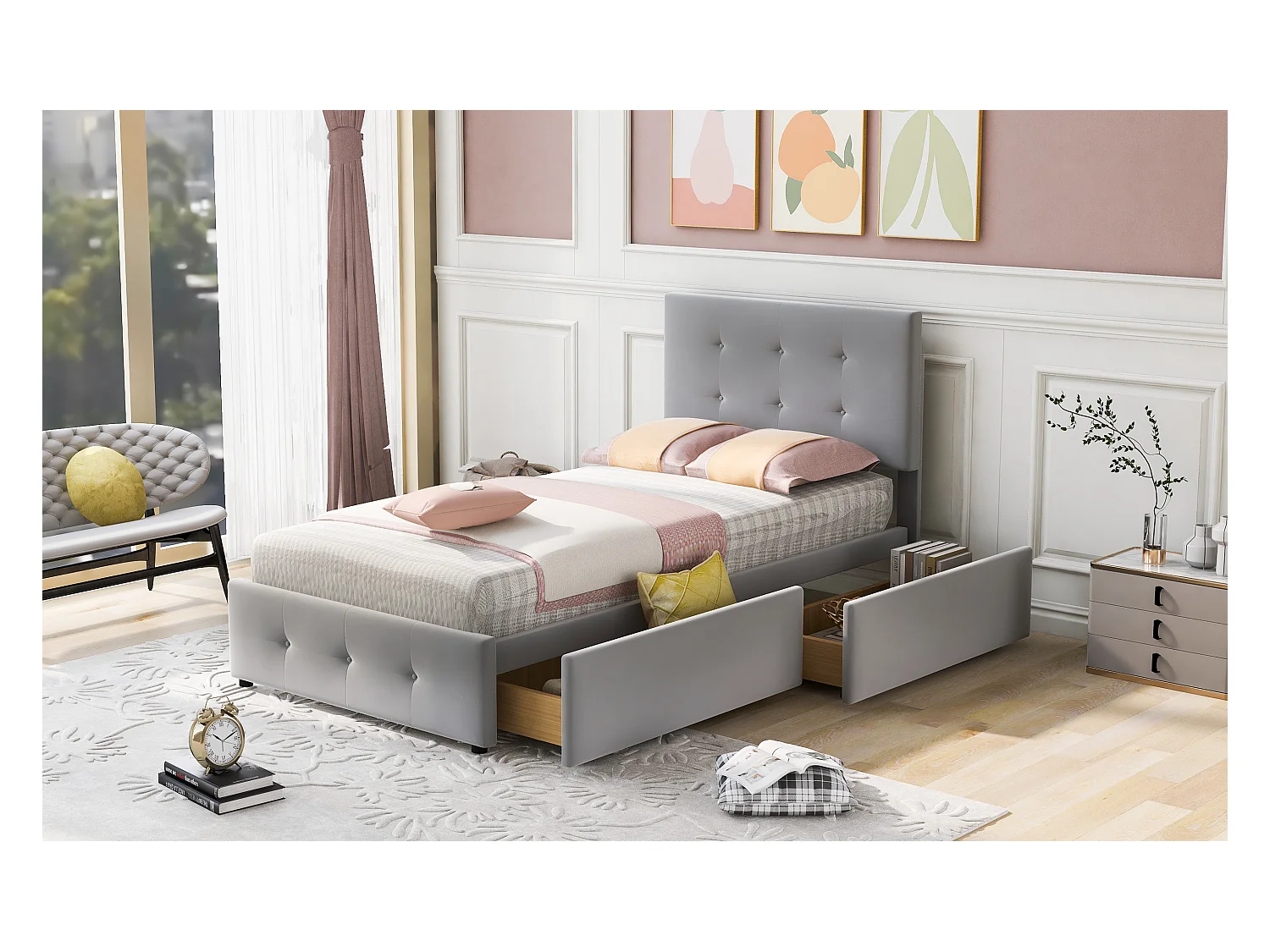 Lit rembourré 90x200 cm avec tiroirs et sommier, tête rembourrée, velours gris, lit enfant multifonction