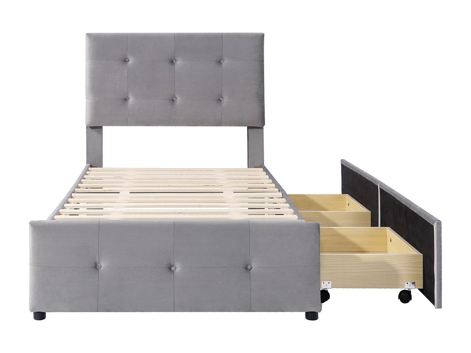 Gestoffeerd bed 90x200 cm met lades en lattenbodem, gestoffeerd hoofdeinde, grijs fluweel, multifunctioneel kinderbed