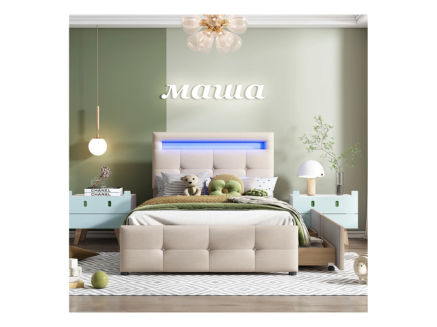 Lit rembourré 90x200 cm avec LED, 2 tiroirs, velours lin beige, lit enfant multifonction, pratique