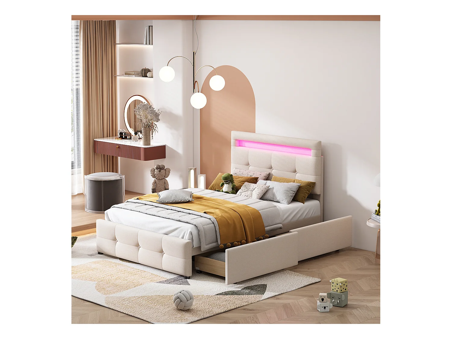 Lit rembourré 90x200 cm avec LED, 2 tiroirs, velours lin beige, lit enfant multifonction, pratique