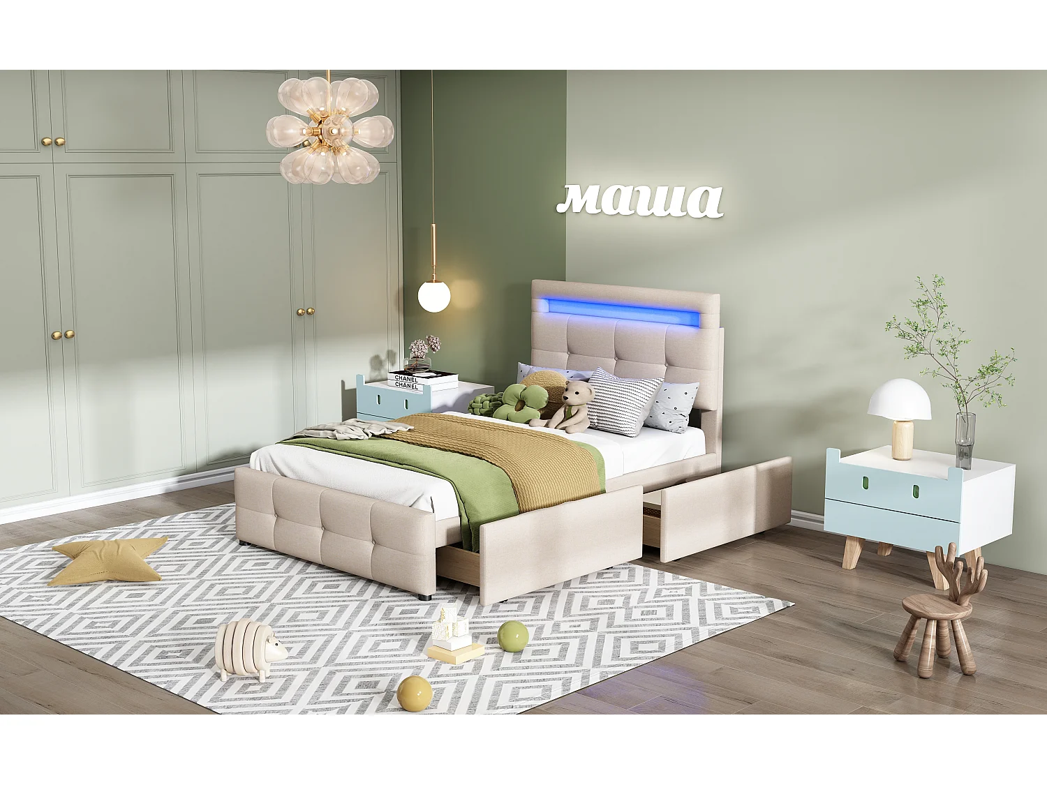 Lit rembourré 90x200 cm avec LED, 2 tiroirs, velours lin beige, lit enfant multifonction, pratique