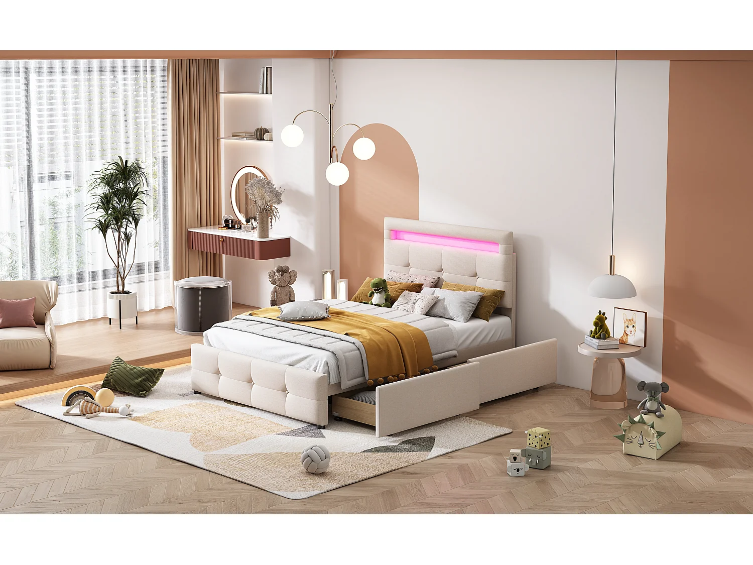 Lit rembourré 90x200 cm avec LED, 2 tiroirs, velours lin beige, lit enfant multifonction, pratique