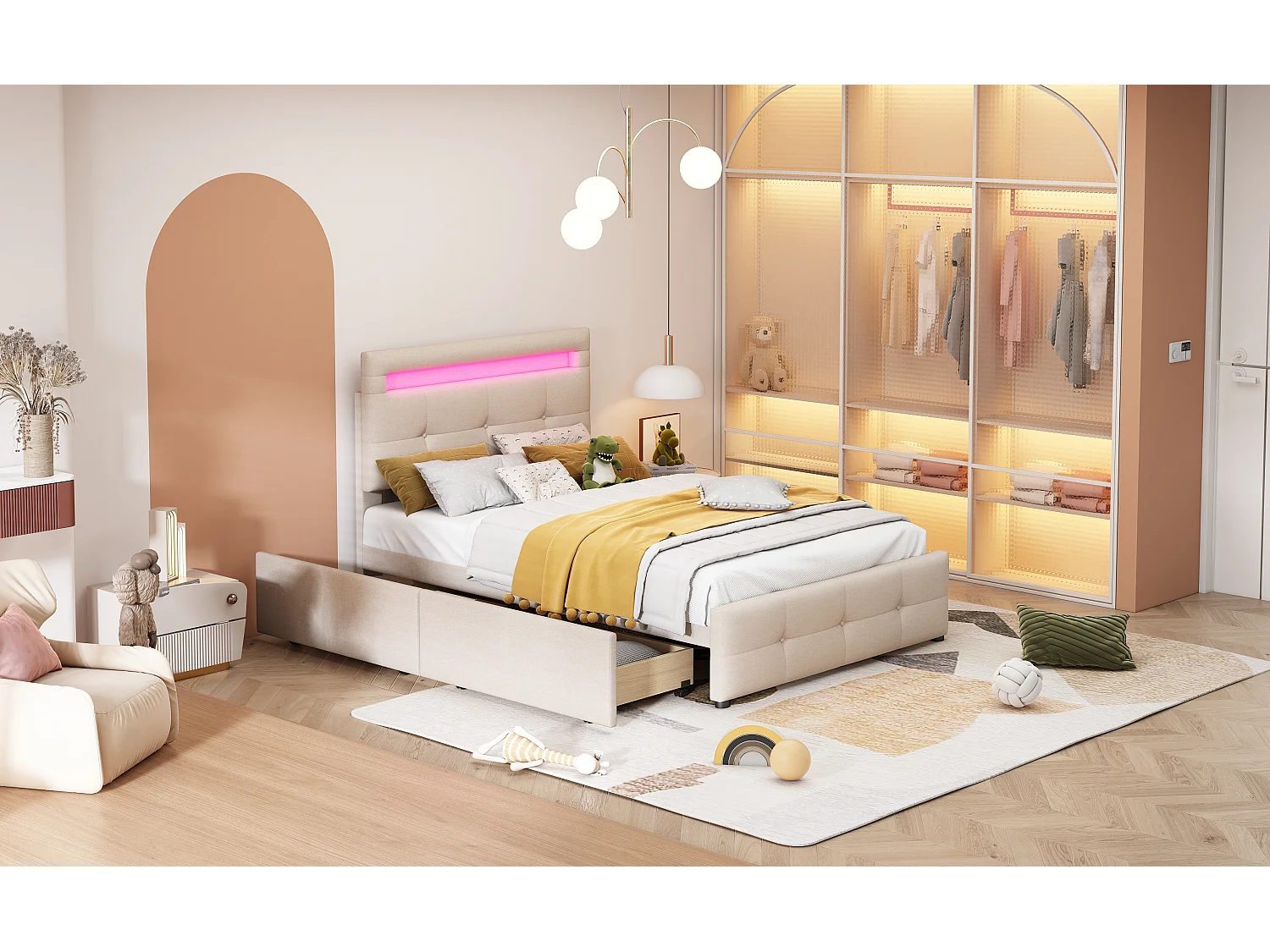Lit rembourré 90x200 cm avec LED, 2 tiroirs, velours lin beige, lit enfant multifonction, pratique