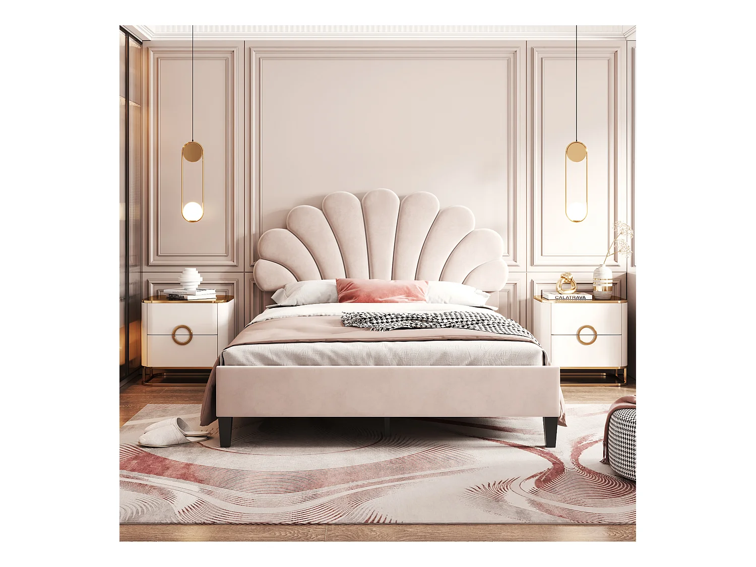 Lit rembourré 140x200 cm tête en forme de fleurs, sommier inclus, velours beige, adulte ou junior